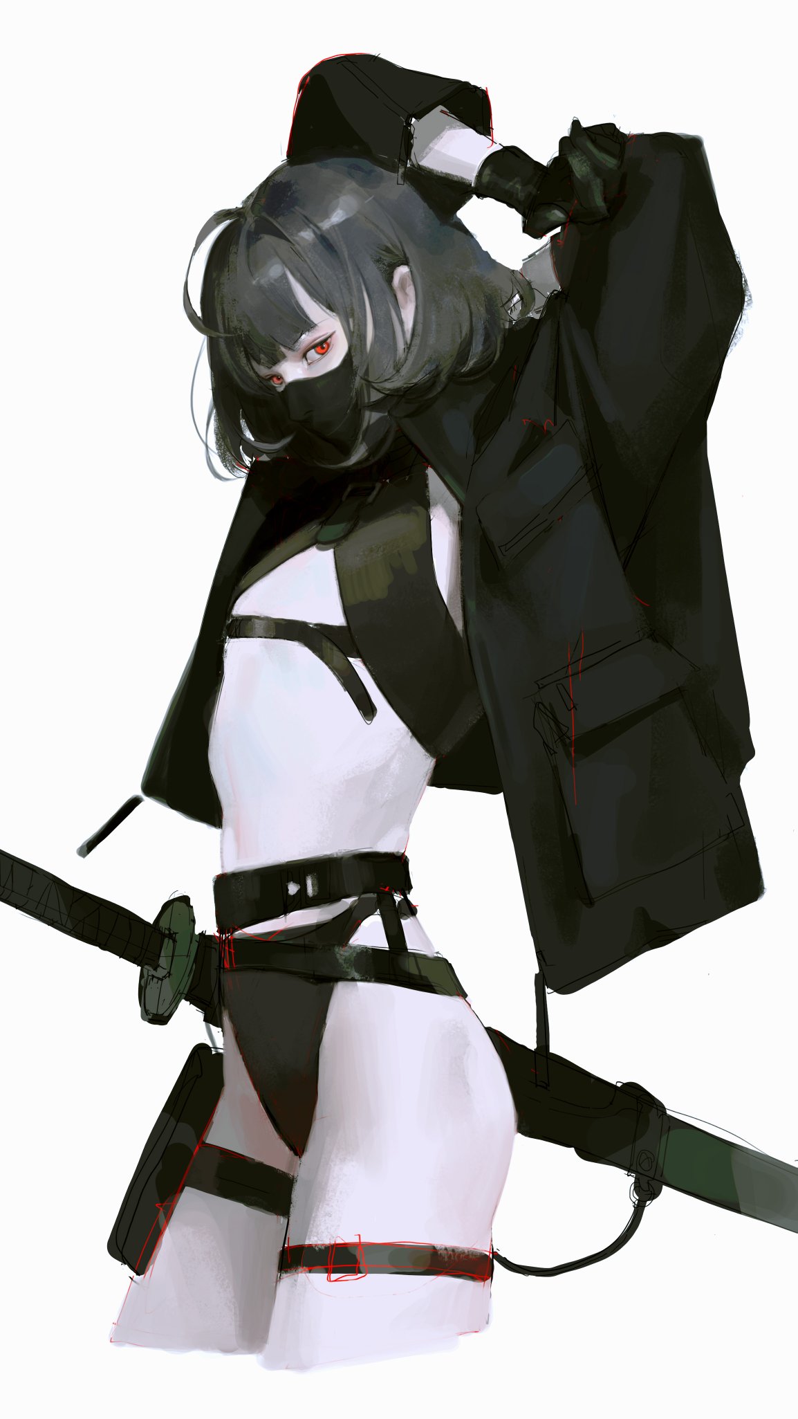 1girls, ahoge, androgynous, belt, bikini, black bikini, black bra, black hair, black panties, bob cut, clothed, clothing, face mask, female, female only, flat chest, flat chested, gloves, halterneck, highleg panties, jacket, light skin, light-skinned female, looking at viewer, mask, midriff, mouth mask, original, pale skin, pale-skinned female, panties, red eyes, revealing clothes, short hair, skinny, slim, solo, solo female, stretching, swimsuit, sword, taak choi, thigh strap, toned, toned female, true flat chest, underwear