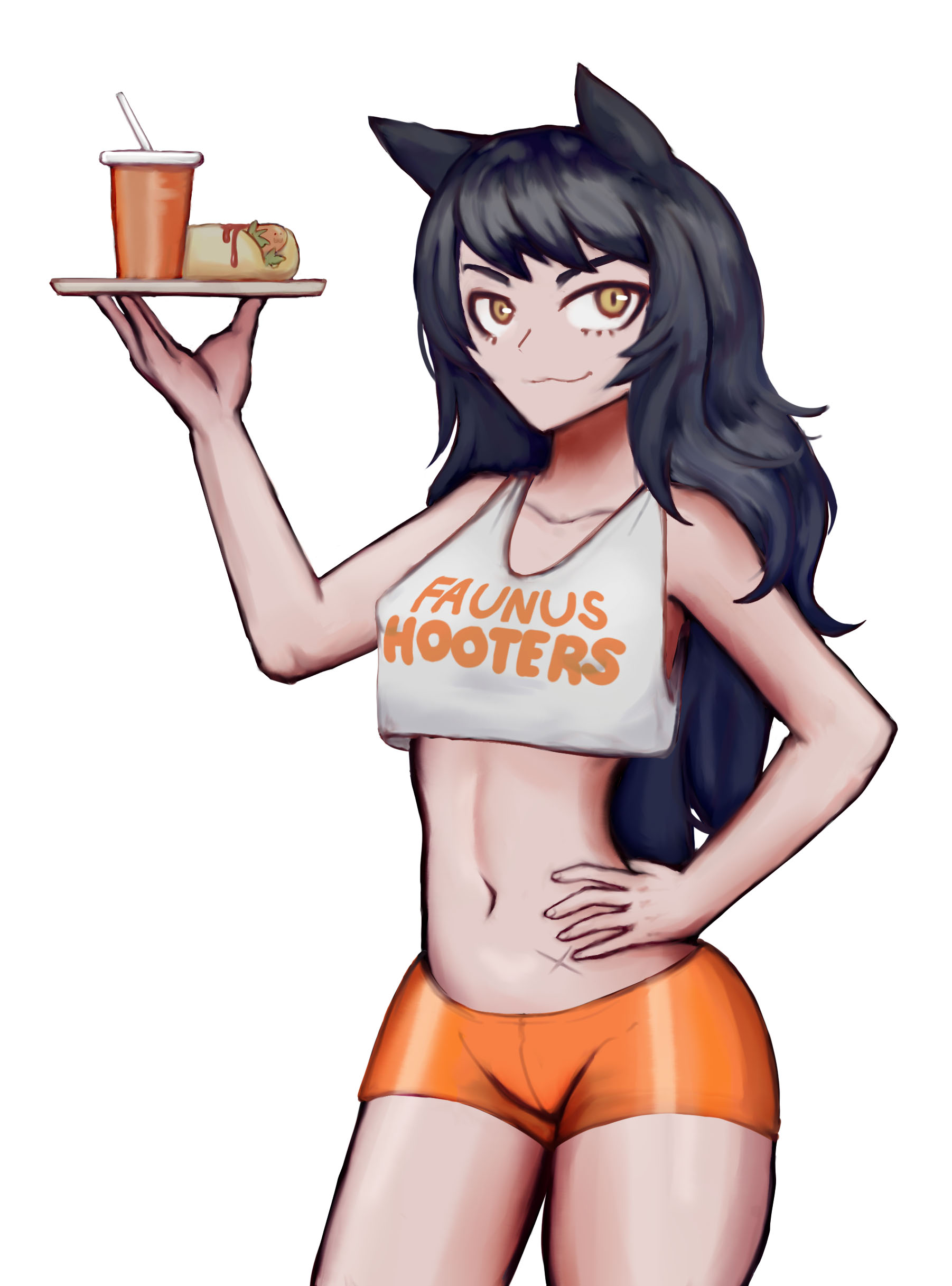 :3, 1girls, 2022, animal ears, blake belladonna, cat ears, cat girl, catgirl, clothed, confident, crop top, female, food, hand on hip, hooters, hooters uniform, long hair, looking at viewer, mushroomuwu, nipples visible through clothing, no bra, rwby, scar, shorts, smile, solo, standing, stomach, thighs, waitress, yellow eyes