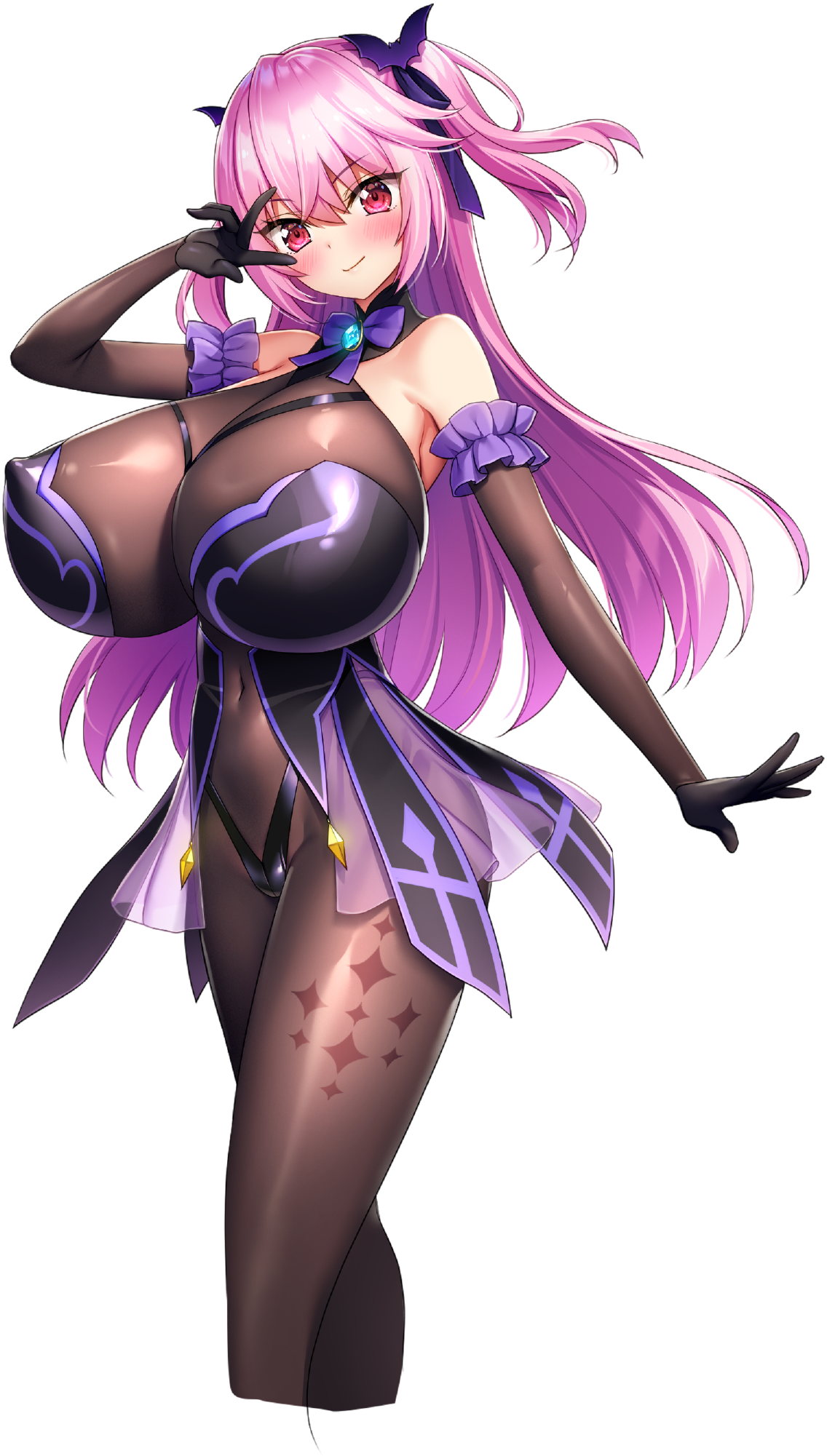 1girls, blush, breasts, demon, derauea, female, game cg, hi res, highres, huge breasts, large breasts, luxual hellmare, milk factory, motto! haramase! honoo no oppai isekai chou ero succubus gakuen!, navel, nipple bulge, official art, pink hair, red eyes, succubus, transparent background
