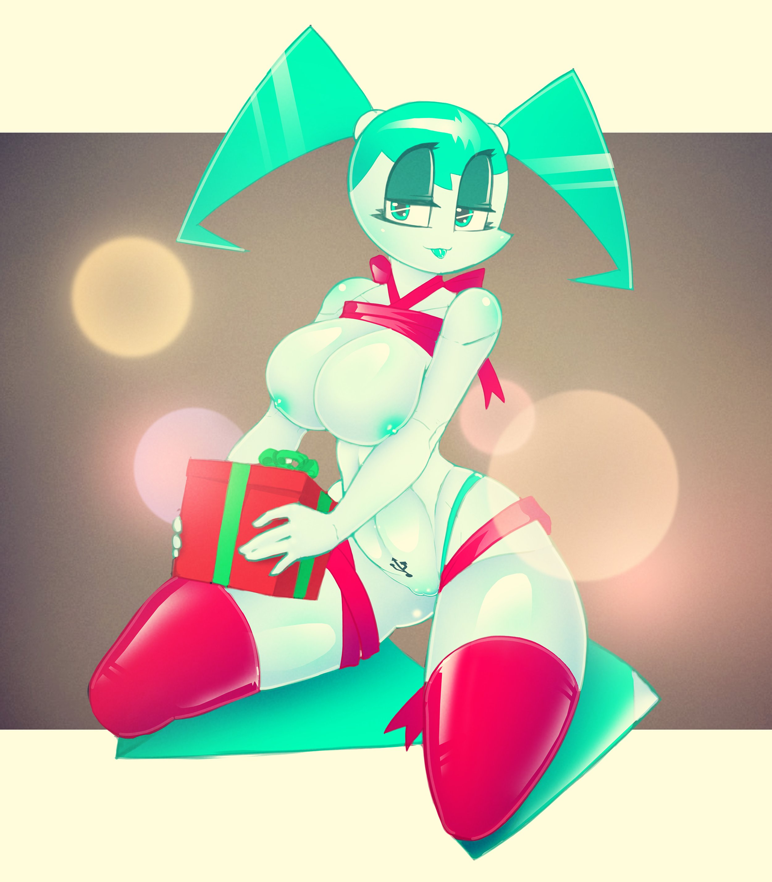 1girls, big breasts, breasts, christmas, curvaceous, curves, curvy, curvy body, curvy female, curvy figure, curvy hips, female, female only, green eyes, green nipples, green tongue, jenny wakeman, lonlon, my life as a teenage robot, nickelodeon, nipples, pussy, red legwear, robot, robot girl, robot humanoid, smooth skin, solo, solo female, thick thighs, tongue, tongue out, vagina, white body, xj-9
