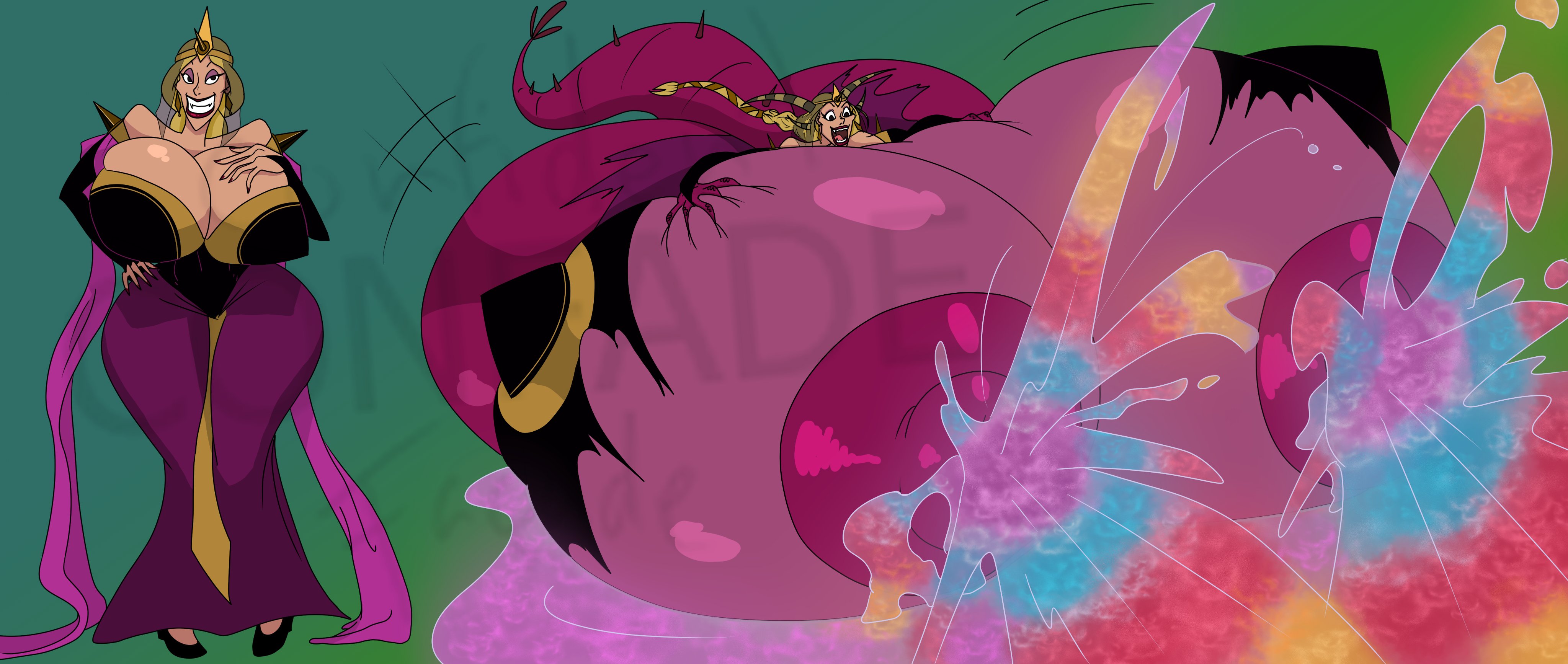 1girls, ass, ass expansion, bartok the magnificent, big ass, big butt, breast expansion, breast growth, breast growth (enlargement), breasts, confade, don bluth, dragon, dragon transformation, expansion, female, female only, huge ass, huge breasts, huge butt, human, hyper, hyper ass, hyper breasts, hyper butt, lactating, lactation, lactophilia, ludmilla (bartok), solo, transformation, unusual lactation