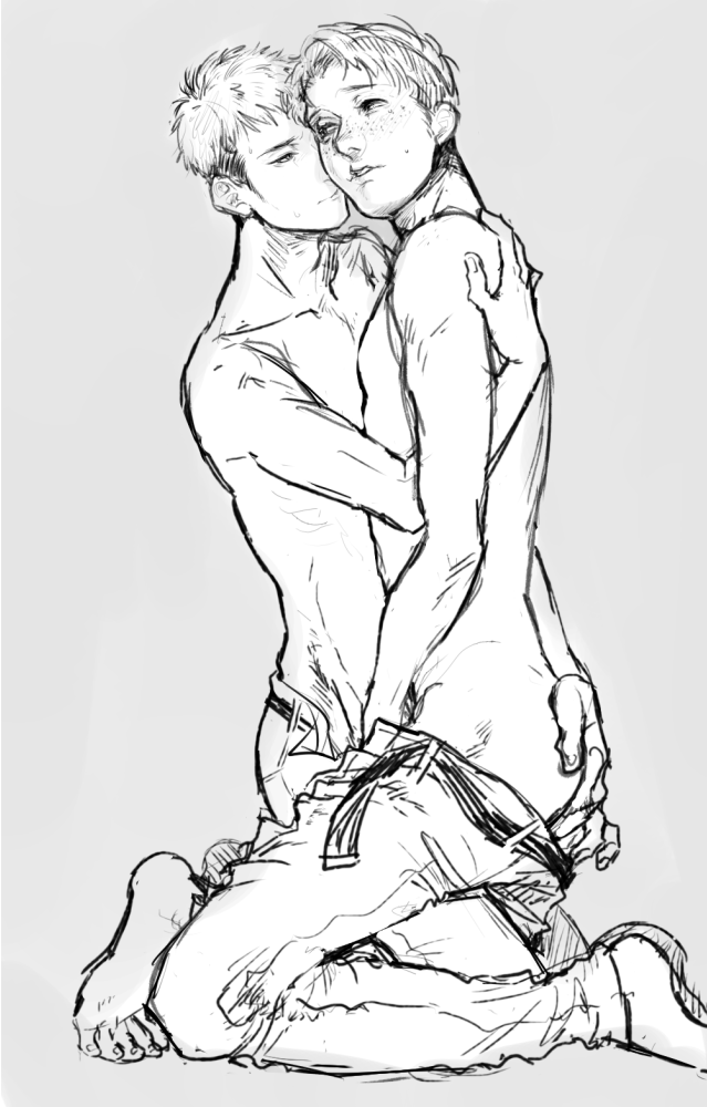 2boys attack_on_titan caress dicks_touching freckles gay groping half_nude hand_on_ass jean_kirstein male male/male male_only marco_bodt monochrome nekon shingeki_no_kyojin yaoi