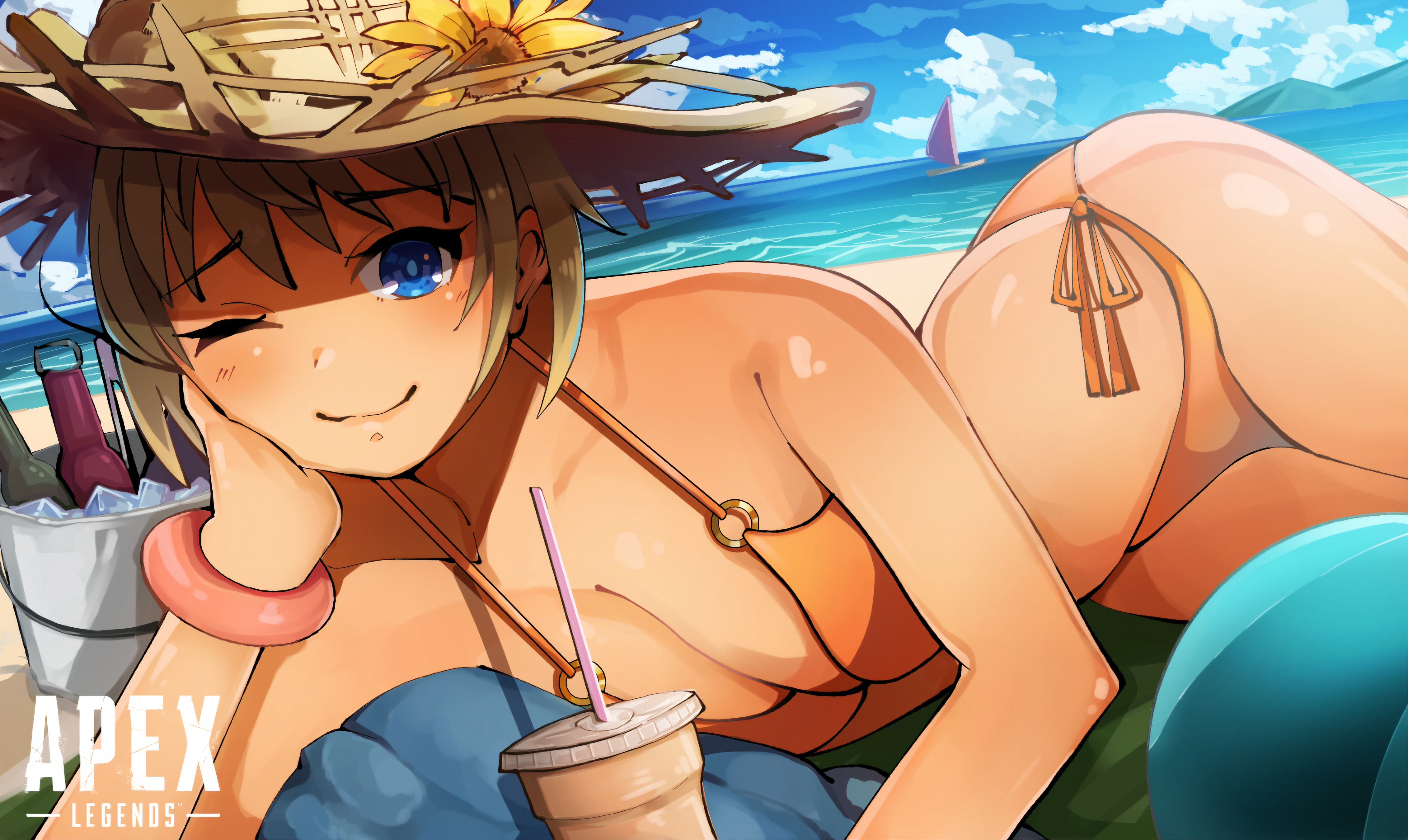 apex legends, ass, beach, beach ball, big ass, big breasts, big butt, big hips, big thighs, bottom heavy, breast hold, breast squeeze, breast squish, breasts, bubble ass, bubble butt, bursting breasts, bursting butt, female, gigantic ass, gigantic butt, huge ass, huge breasts, huge butt, looking at another, stretched clothing, swimsuit, swimwear, thick, thick ass, thick hips, thick legs, thick thighs, tight clothing, tights, wattson (apex legends)