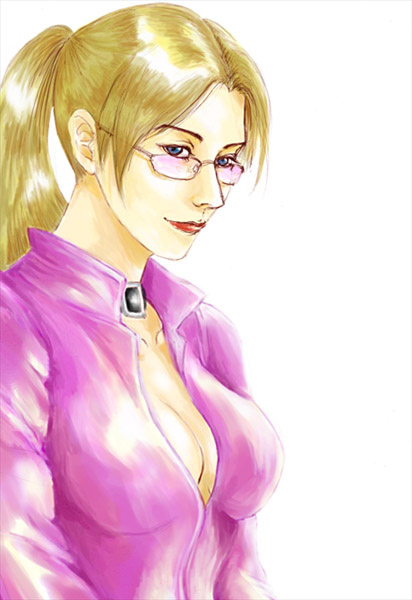 1girls 2d 2d_(artwork) artist_request blonde_hair blue_eyes bodysuit breasts catsuit choker cleavage female female_only hand_drawn handdrawn light_smile lips lipstick looking_aside looking_at_viewer looking_over_eyewear looking_over_glasses looking_over_sunglasses makeup nina_williams open_clothes pink-tinted_eyewear pink-tinted_glasses ponytail smile solo sunglasses tekken tekken_4 tinted_eyewear white_background