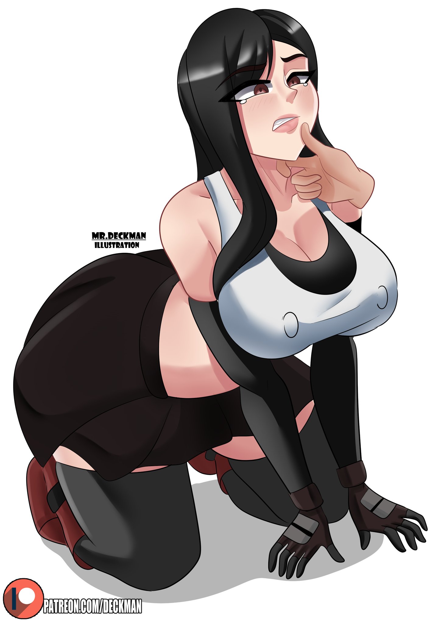 1boy, 1girls, all fours, alternate version available, black hair, blush, breasts, brown eyes, cleavage, clenched teeth, clothed, crying with eyes open, deckman, disembodied hand, elbow gloves, erect nipples, female, female focus, femsub, final fantasy, final fantasy vii, final fantasy vii remake, hand on another's face, kneeling, large breasts, long hair, male, mrdeck, nipples, nipples visible through clothing, skirt, solo focus, straight, tank top, tears, thighhighs, tifa lockhart, uncomfortable, unseen male face, white background