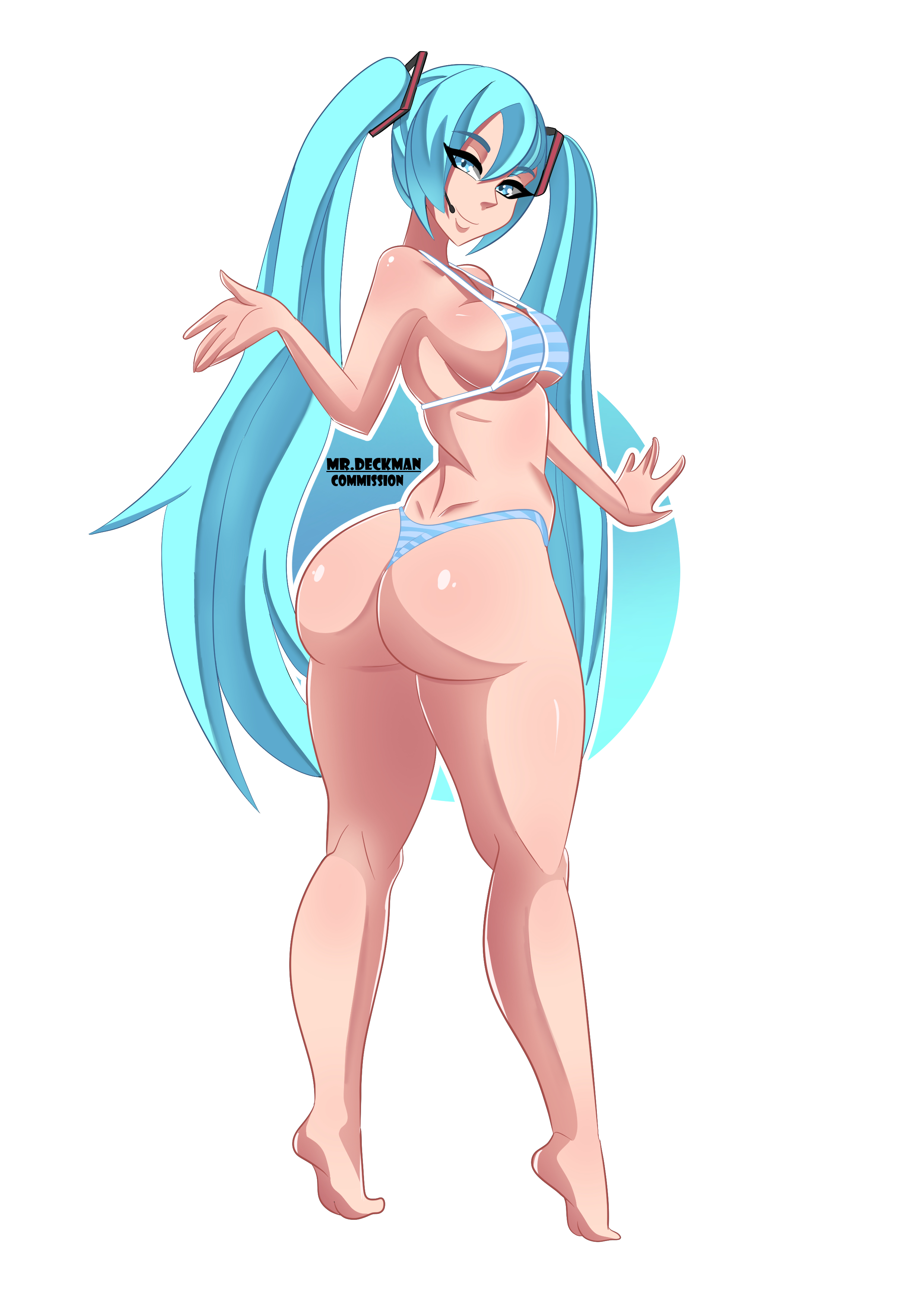 1girl, 1girls, aqua eyes, aqua hair, ass, barefoot, big ass, bikini, blue eyes, blue hair, boobs and butt pose, bra, breasts, commission, deckman, female, female only, from behind, full body, hatsune miku, large breasts, long hair, looking at viewer, looking back, microphone, mrdeck, panties, shiny skin, smile, solo, striped, striped bikini, striped panties, swimsuit, thong, tiptoes, twintails, underboob, underwear, very long hair, vocaloid, white background