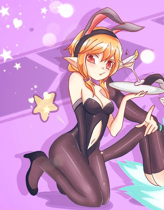 black_pantyhose brawlhalla bunnysuit cup ember_(brawlhalla) legs legs_up orange_hair plate red_eyes star