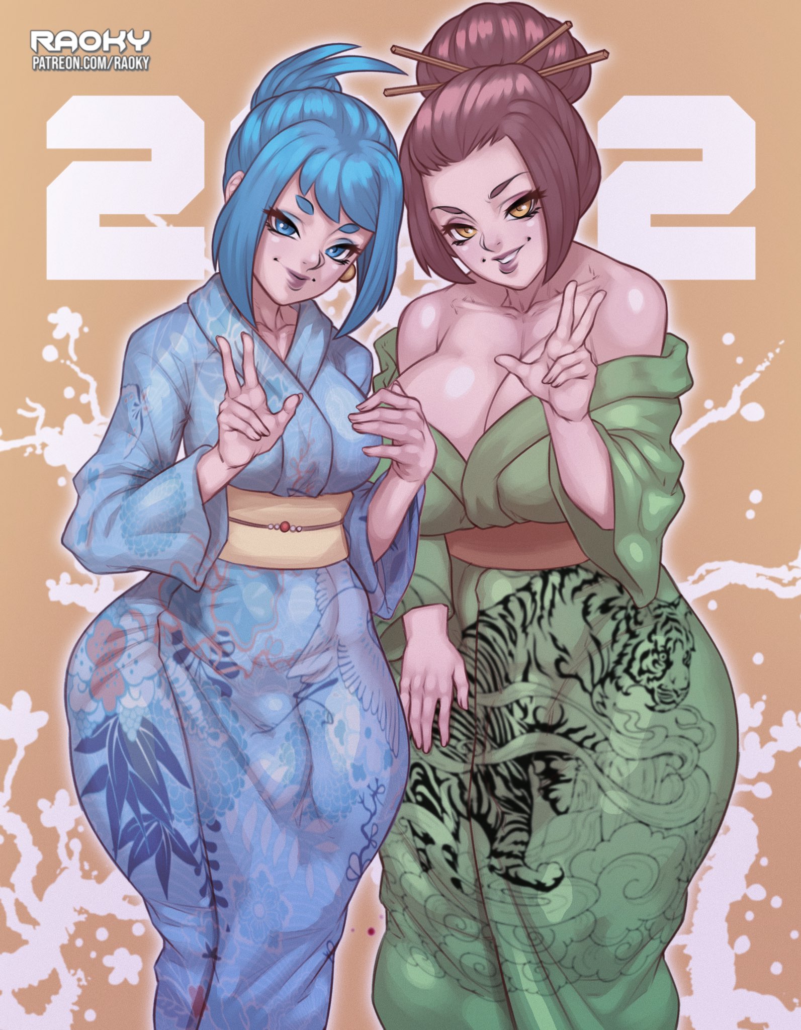 2022, 2futas, bare shoulders, big breasts, blue hair, breasts, brown hair, cleavage, clothed, clothing, duo, fully clothed, futa only, futanari, hair bun, happy new year, huge breasts, human, intersex, kimono, light skin, light-skinned futa, looking at viewer, new year, pale skin, raoky, ryoko (raoky), short hair, standing, thick thighs, tora (raoky), wide hips