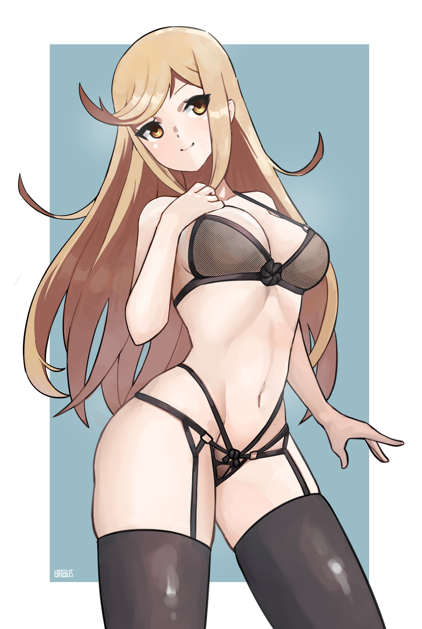1girls, ass, babus games, black bra, black legwear, black lingerie, black panties, black underwear, blonde hair, breasts, cleavage, female, female focus, garter belt, garter straps, highleg, highleg panties, latex, lingerie, long hair, low-angle view, medium breasts, mythra, smiling, solo, solo female, tagme, thighhighs, thighs, underwear, xenoblade (series), xenoblade chronicles 2