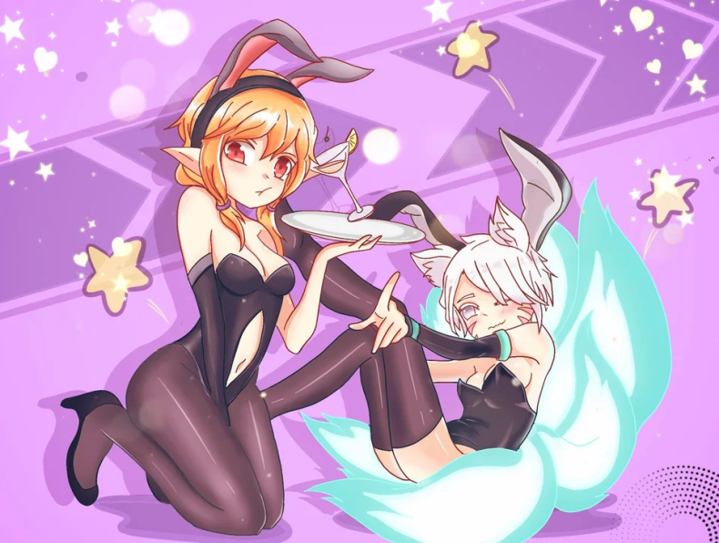 black_pantyhose brawlhalla bunnysuit cup ember_(brawlhalla) legs legs_up orange_hair plate red_eyes star yumiko_(brawlhalla)