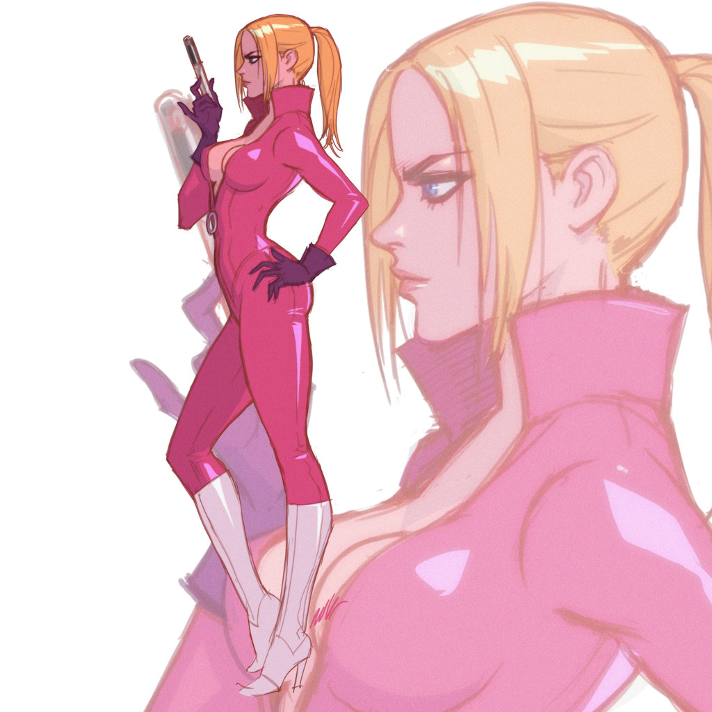 1girls, alternate costume, blonde hair, blue eyes, bodysuit, boots, breasts, catsuit, cleavage, female, female only, from side, gloves, hand on hip, high collar, high heels, knee boots, large breasts, latex, latex suit, long hair, namco, nina williams, ponytail, seeso2d, sideboob, skin tight, solo, solo female, tekken, tekken 1, tekken 2, unzipped, white footwear, zoom layer