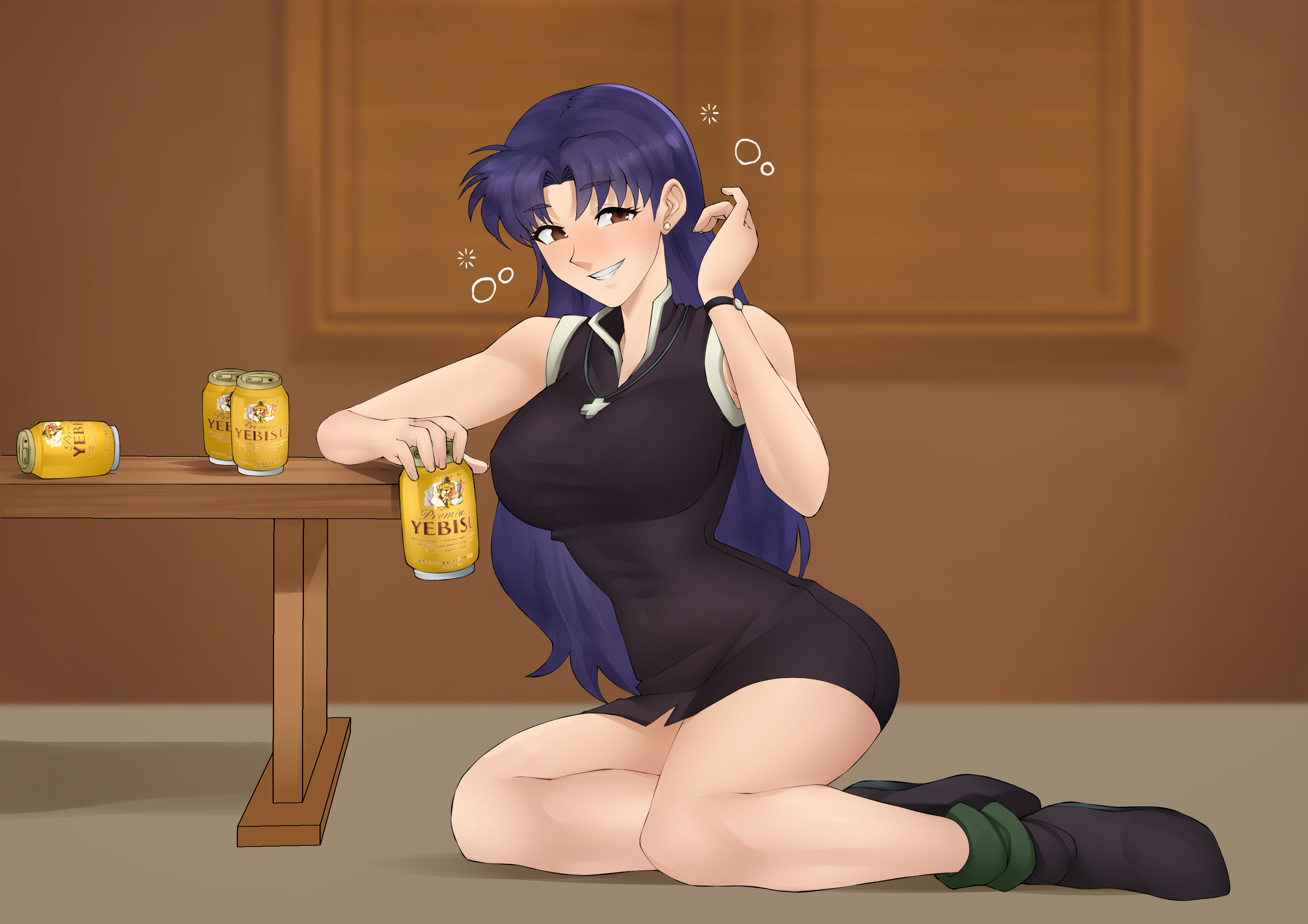 1girls, 2022, 2d, 2d (artwork), alcohol, beer, beer can, beer cans, breasts, brown eyes, clothing, cross necklace, dress, drunk, female, female only, flytrapxx, human, human only, indoors, large breasts, light skin, light-skinned female, long hair, mature female, milf, misato katsuragi, necklace, neon genesis evangelion, paid reward, patreon reward, purple hair, questionable, sfw, sitting, smile, smiling at viewer, solo, solo female