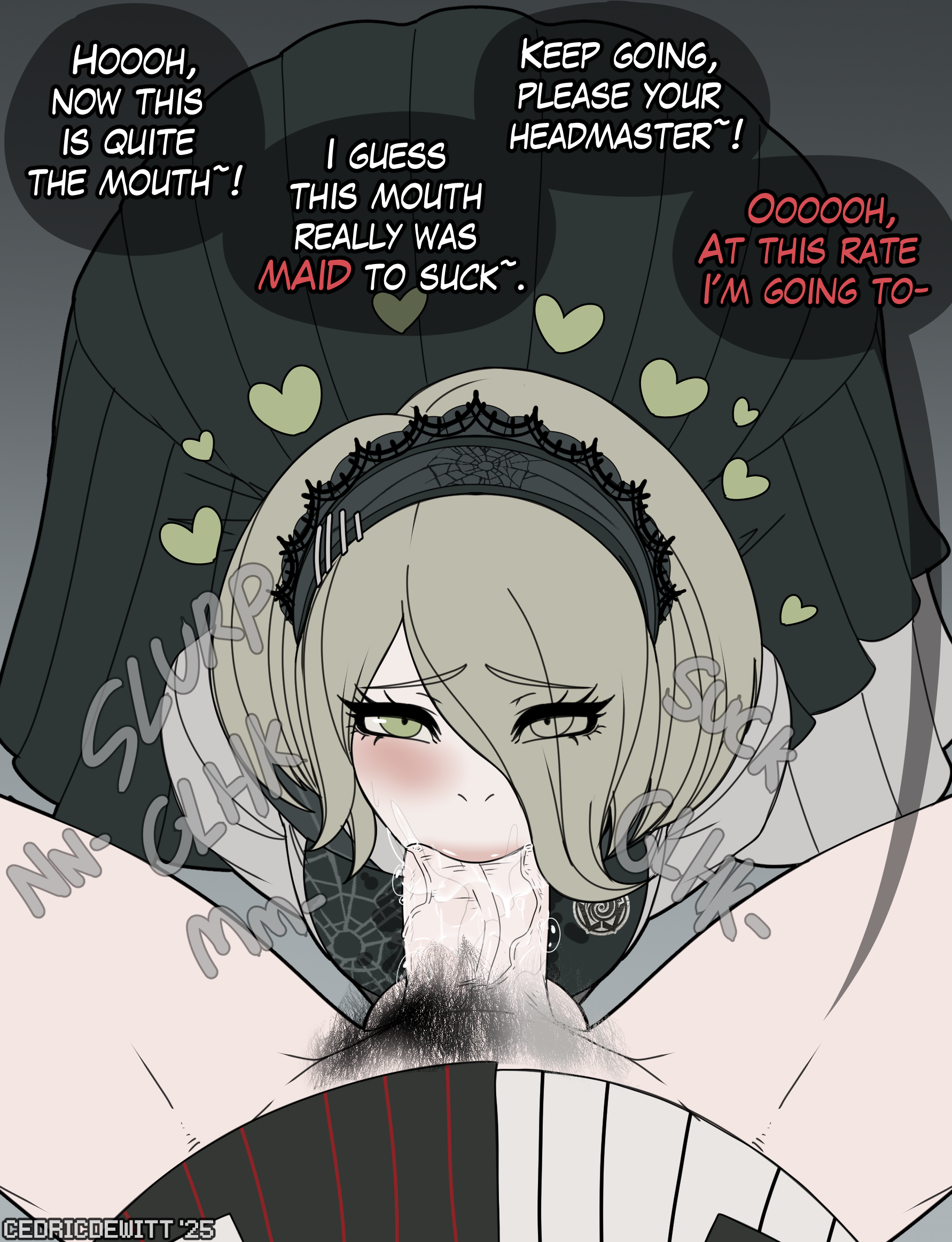 cedric dewitt, danganronpa, danganronpa v3, female, female focus, front facing with ass, human monokuma, hunan monokuma, kirumi tojo, male, monokuma, penis, sucking, sucking penis, toujou kirumi