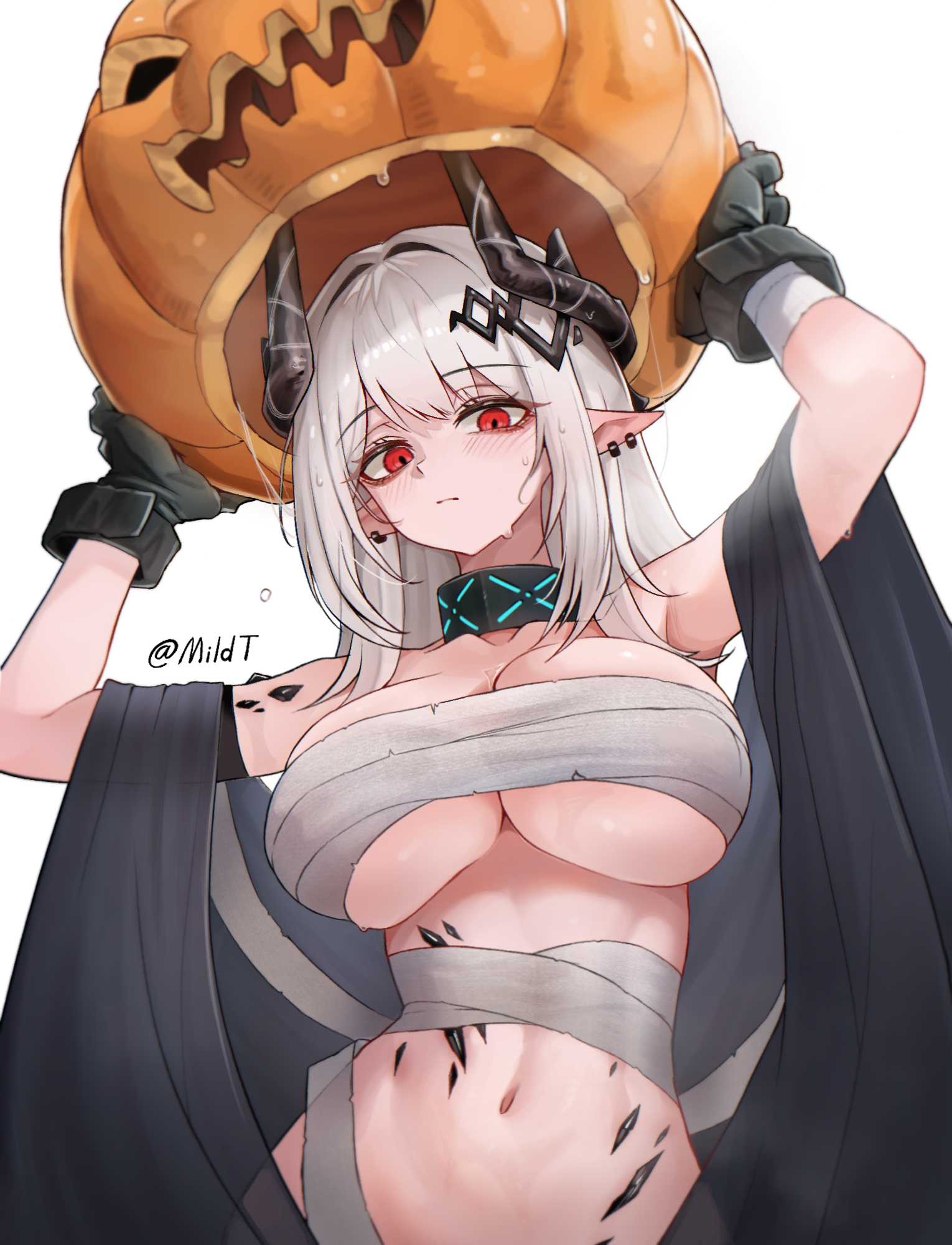 1girls, 2025, arknights, artist name, artist signature, bandage, bandages, belly, big breasts, breasts, female, gloves, halloween, hi res, horns, light skin, light-skinned female, midriff, mildt, mudrock (arknights), pointy ears, pose, posing, pumpkin, red eyes, simple background, solo, standing, white hair