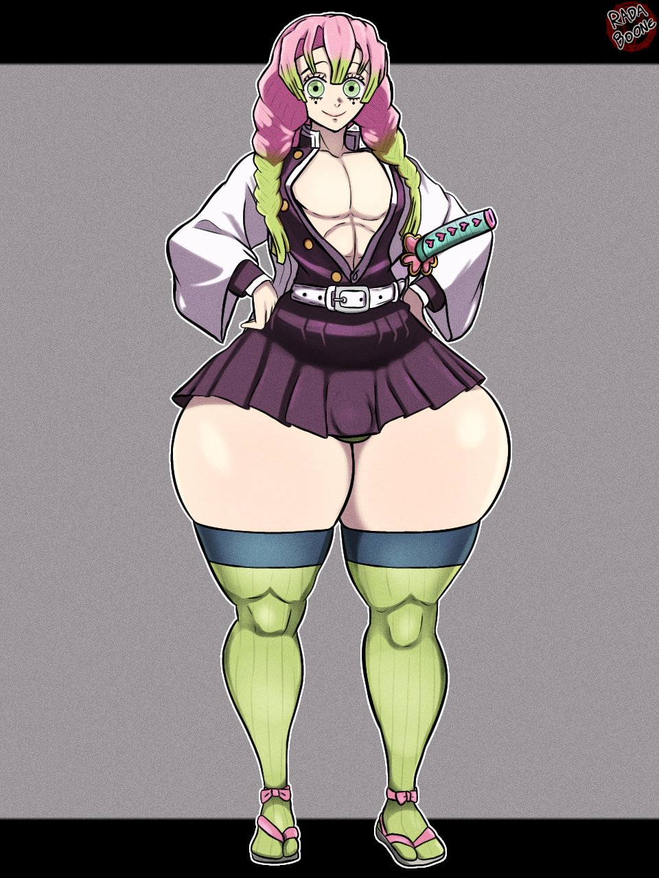 1boy, 1femboy, 2025, bulge, bulge through clothing, child bearing hips, cleavage, demon slayer, femboy, green eyes, hands on hips, kanroji mitsuri, katana, looking away, male, male mitsuri, muscular, muscular femboy, muscular male, pink and green hair, rada boone, rule 63, sword, thick thighs, thunder thighs
