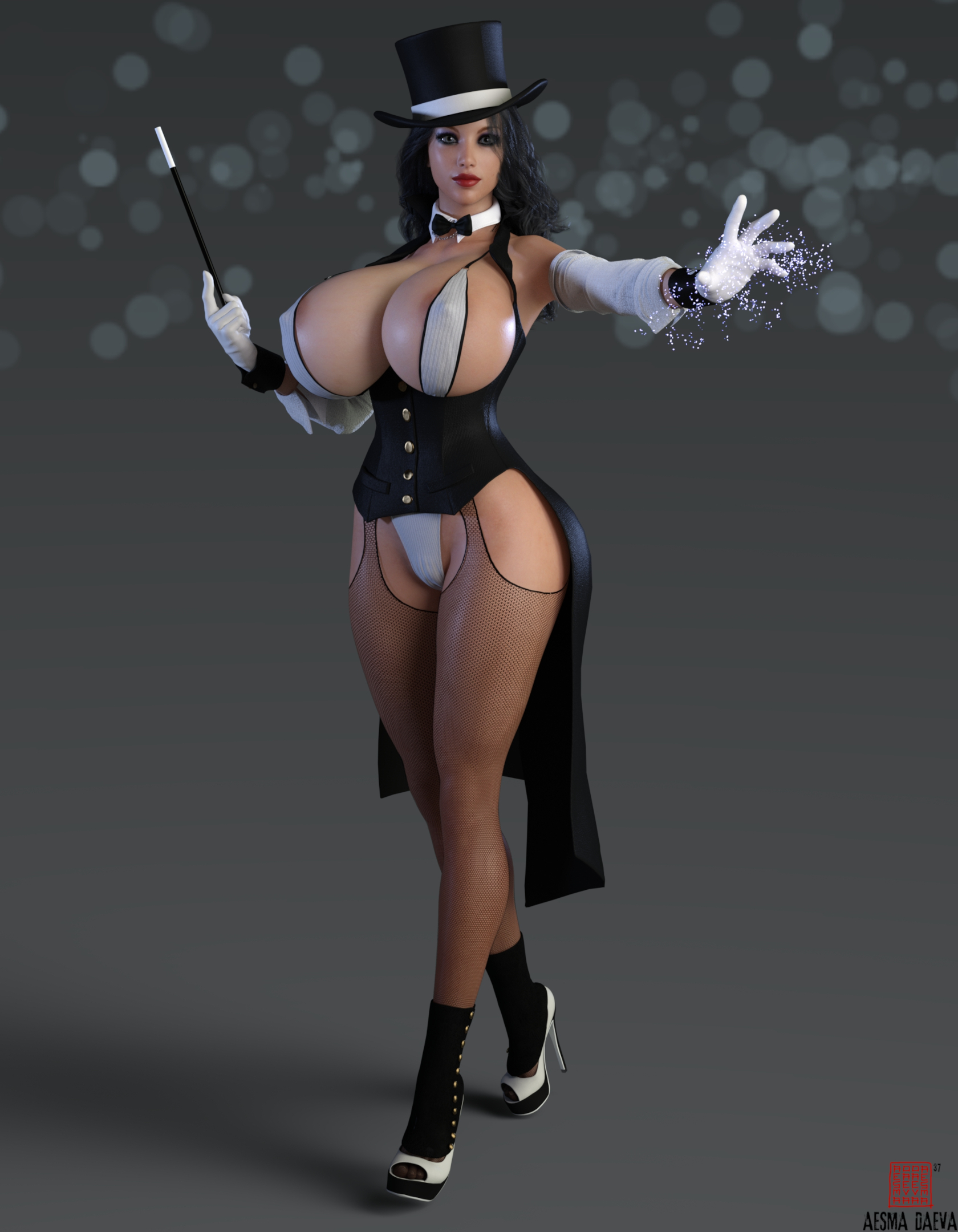 1girls, 3d, 3d (artwork), 3d model, 3d render, aesmadaeva37, artist logo, artist name, barely contained, barely contained breasts, bimbo, bimbo body, black hair, bowtie, bowtie collar, breasts, dc, dc comics, female, female only, fishnet, fishnet legwear, fishnet stockings, fishnets, gloves, hat, headwear, heel boots, heels, hips, hourglass figure, huge breasts, large breasts, lipstick, magic, magic user, magic wand, magician, magician hat, makeup, nipple bulge, nipple slip, nipples, nipples visible through clothing, pinup, red lipstick, simple background, solo, solo female, stockings, thick thighs, thigh cutout, thighs, wide hips, zatanna, zatanna zatara