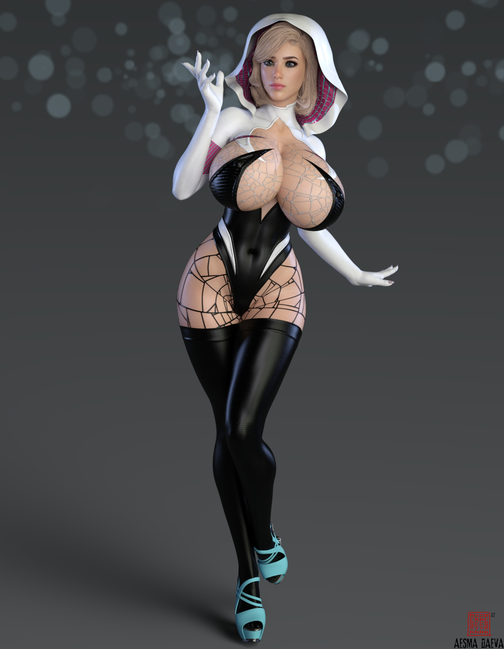 1girls, 3d, 3d (artwork), 3d model, 3d render, aesmadaeva37, artist logo, artist name, ballerina shoes, bimbo, bimbo body, blonde hair, blue eyes, breasts, cleavage, costume, female, female only, gloves, gwen stacy, high heels, hips, hourglass figure, huge breasts, large breasts, leotard, light-skinned female, makeup, marvel, marvel comics, navel, navel visible through clothes, nipple bulge, nipple slib, nipples, pinup, revealing clothes, simple background, solo, solo female, spider-gwen, spider-man (series), spiderweb, spiderweb pattern, thick thighs, thighhighs, thighs, tight clothing, webbing, wide hips