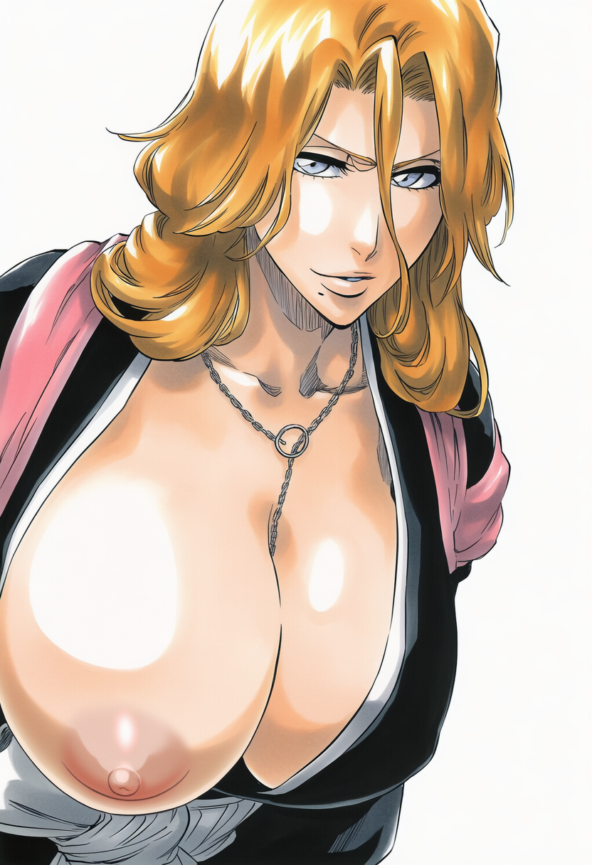 1girls, accurate art style, accurate body type, ai generated, areola, areolae, bare breasts, between breasts, big breasts, black kimono, bleach, blue eyes, breast focus, breast slip, breasts, breasts bigger than head, busty, chain necklace, chains, clavicle, cleavage, clothing, collarbone, curvaceous, curvy, digital media (artwork), fanart, female, female focus, female only, grey eyes, hair between eyes, haori, highres, huge breasts, japanese clothes, jewelry, kimono, large breasts, light skin, light-skinned female, long hair, looking at viewer, matsumoto rangiku, mole, mole under mouth, necklace, nipples, no bra, one breast out, orange hair, parted lips, pink nipples, sash, shawl, shiny hair, shiny skin, simple background, smile, solo, solo female, solo focus, standing, tite kubo style, traditional clothes, upper body, voluptuous, white background, ㅇㅇ