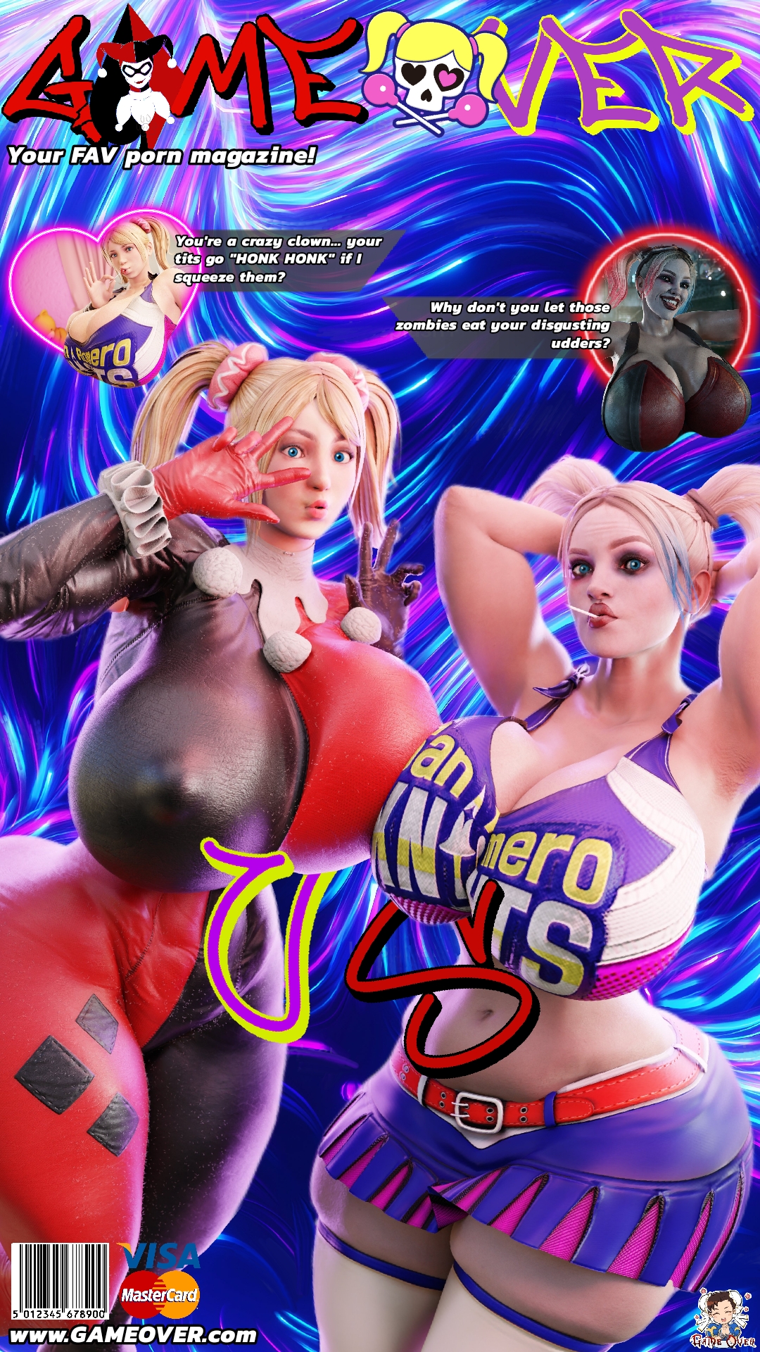 2girls, 3d, 3d (artwork), 9:16, armpits, arms behind head, ass, batman (series), big ass, big boobies, big breasts, big butt, bimbo, black bodysuit, blonde female, blonde hair, blue eyes, blue hair, bodysuit, boobies bigger than head, boobies focus, boobs bigger than head, boobs focus, breasts, breasts bigger than head, breasts focus, cheerleader uniform, cleavage, clothed, clothed female, clothes, clothes swap, clothing, cosplay, costume, costume switch, crossover, crossover cosplay, curvaceous, curvaceous female, curvaceous figure, curves, curvy, curvy body, curvy female, curvy figure, curvy hips, curvy thighs, dc, dc comics, dialogue, eastern and western character, edit, edited, edited art, english dialogue, english text, fat ass, fat ass female, fat boobies, fat boobs, fat breasts, fat hips, fat nipples, fat tits, fat titties, female, female focus, female only, hands behind head, harley quinn, harley quinn (classic), harley quinn (classic) (cosplay), harley quinn (cosplay), harley quinn (injustice), huge ass, huge breasts, injustice 2, juliet starling, juliet starling (cosplay), large ass, large breasts, light skin, light-skinned female, lollipop, lollipop chainsaw, magazine cover, massive ass, massive breasts, massive butt, midriff, multicolored bodysuit, multicolored hair, multiple females, multiple girls, nipple bulge, nipples visible through clothing, outfit swap, pale skin, pale-skinned female, peace sign, pink hair, red bodysuit, sekaithereturn, skin tight, skirt, text, thick thighs, thighs bigger than head, trait connection, v sign, voice actor connection, watermark, xxxgameoverxx