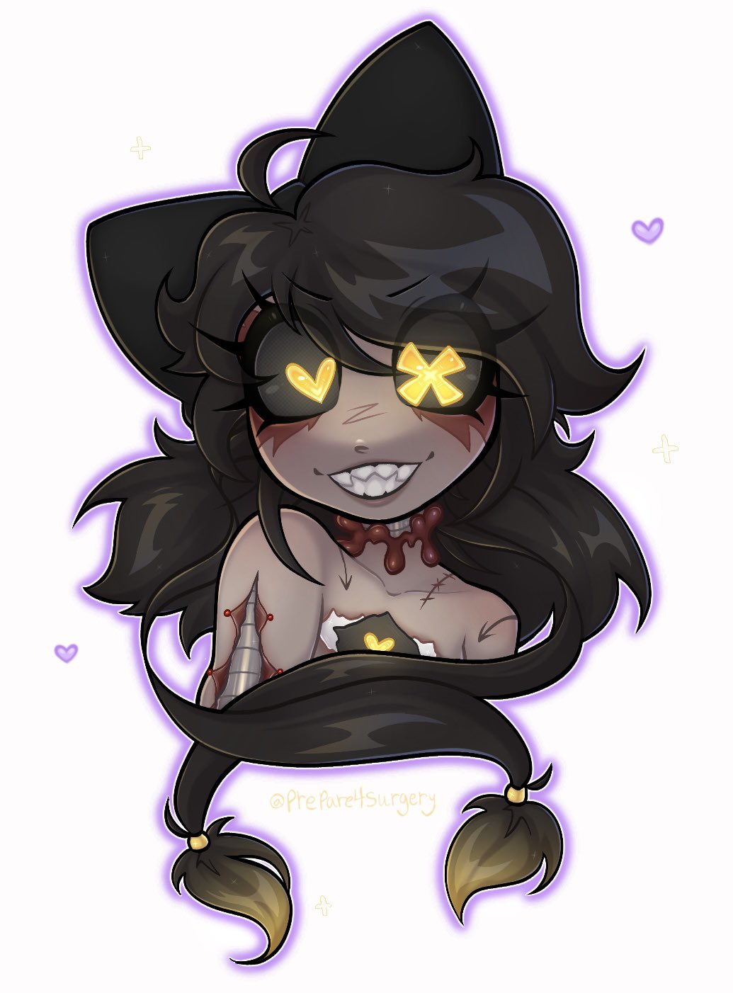 bare shoulders, blood, collarbone, creepy smile, cyn (murder drones), cyntessa (murder drones), dark-skinned female, female, female only, glitch productions, glowing eyes, lips, murder drones, naked female, not porn, prepare4surgery, sharp teeth, skin suit, smiling at viewer, solo female, suggestive, teeth visible, yellow eyes