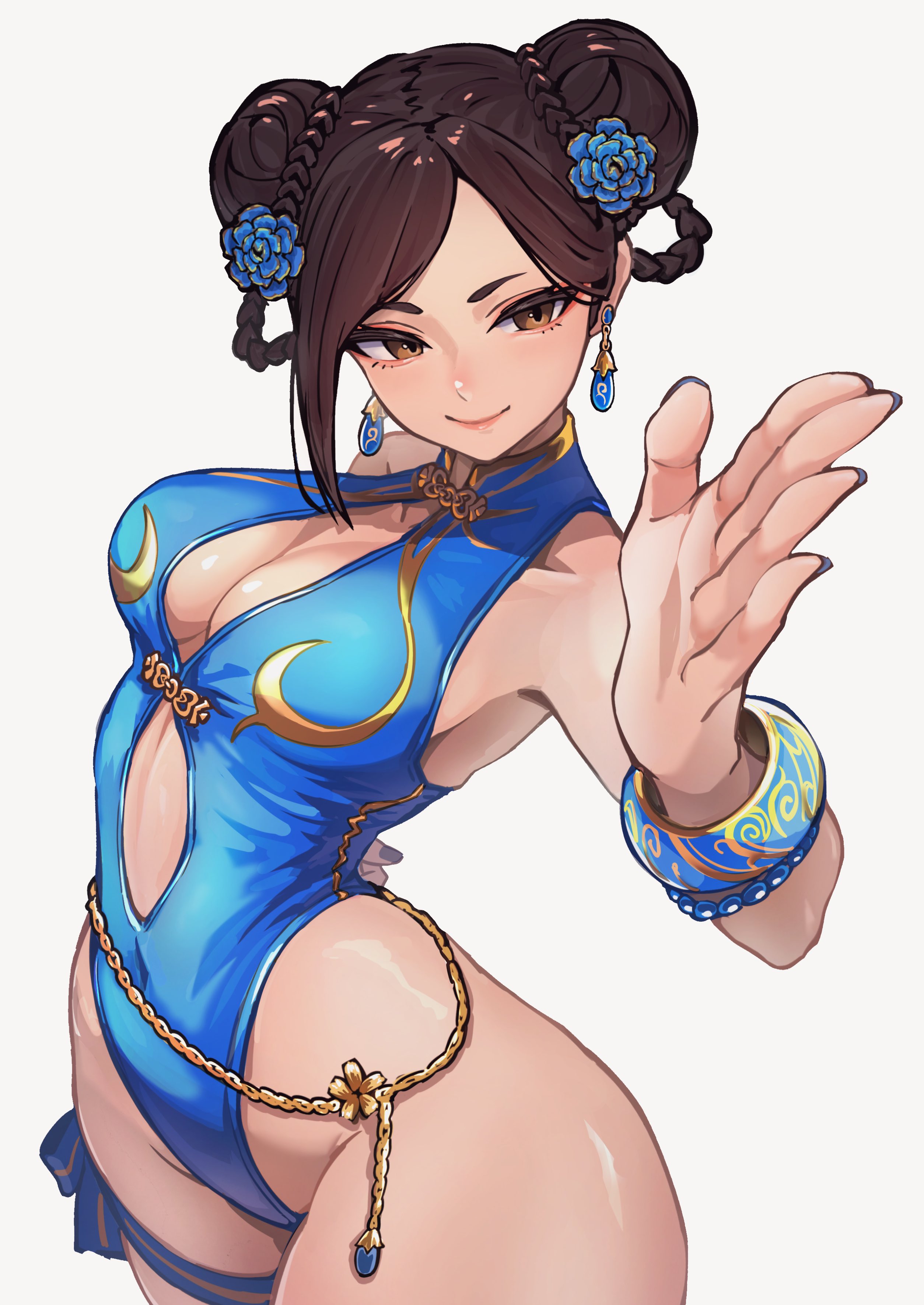 1girls, ap cammy, blue swimsuit, breasts, brown eyes, brown hair, chun-li, chun-li (street fighter 6), female, official alternate costume, street fighter, street fighter 6, swimsuit