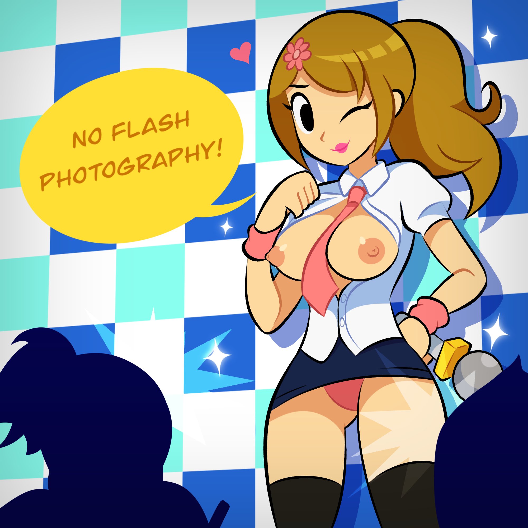 1girls, 2d, 2d (artwork), 5 fingers, absurd res, accessory, areola, areolae, ass, athletic, athletic female, audience, bare arms, bare ass, bare breasts, bare chest, bare skin, big ass, big breasts, big butt, big thighs, black eyes, black legwear, black stockings, black thighhighs, blue skirt, bottomwear, bow tie, breast focus, breasts, breasts out, brown hair, brown hair female, brown-haired female, brunette, bubble ass, bubble butt, busty, busty female, butt, casual, casual exposure, casual nudity, checkered background, chest, cleavage, clothes, clothing, collar, collared shirt, crowd, curvaceous, curvy, curvy body, curvy female, curvy figure, digital drawing (artwork), digital media (artwork), dingitydingus, dummygoob, english, english language, english text, erect nipples, exhibitionism, exhibitionist, exposed, exposed breasts, exposed nipples, eyebrows, eyelashes, facing viewer, female, female focus, fit, fit female, flashing, flashing breasts, flower, flower in hair, front view, functionally nude, functionally nude female, glistening, glistening body, glistening breasts, glistening hair, glistening skin, hair accessory, hair flower, hand on hip, hand on own hip, heart, hi res, hips, holding microphone, holding object, hourglass figure, human, human only, inner sideboob, legwear, light skin, light-skinned female, lips, lipstick, long hair, looking at viewer, makeup, mascara, microphone, microskirt, mostly clothed, mostly clothed female, naked, naked female, nintendo, nipples, no bra, not furry, nude, nude female, one eye closed, open shirt, open topwear, pale skin, pale-skinned female, panties, partially nude, partially nude female, pink bowtie, pink lips, pink lipstick, pink panties, pink underwear, ponytail, pose, posing, presenting, presenting breasts, public, public exposure, public nudity, puffy areola, puffy nipples, reporter (rhythm tengoku), reporter girl, revealing clothes, rhythm heaven, ringside (rhythm heaven), seductive, seductive eyes, seductive look, seductive pose, seductive smile, sexy, sexy body, sexy pose, shiny body, shiny breasts, shiny hair, shiny skin, short skirt, showing breasts, showing off, sideboob, sidelocks, silhouette, simple background, skimpy, skimpy clothes, skin tight, skintight, skintight clothing, skirt, slim waist, smile, smiling at viewer, smooth skin, sparkles, speech bubble, stockings, tag panic, talking, talking to viewer, tease, teasing, teasing viewer, teenage female, teenage girl, teenager, text, thick thighs, thighhighs, thighs, tied hair, tight clothing, tight fit, topless, topless female, topwear, underwear, upper body, upskirt, voluptuous, voluptuous female, white sclera, white shirt, white topwear, wide hips, wink, winking, winking at viewer, wrist cuffs, wristwear, young, young female, young woman