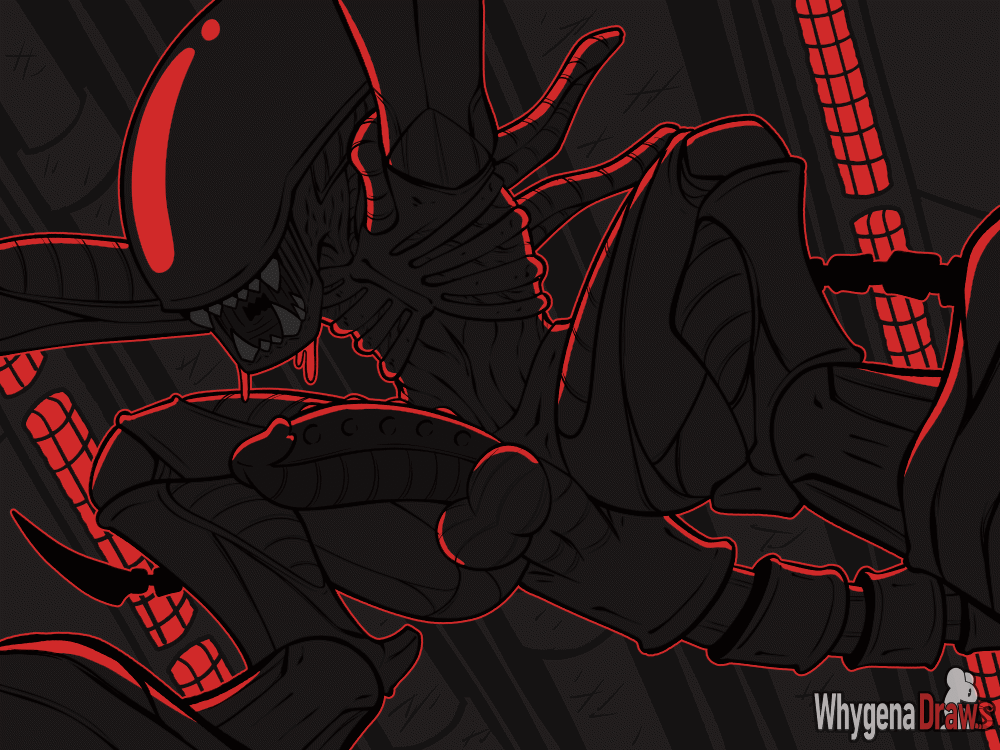 alien, alien (franchise), animated, anus, balls, barefoot, black body, black tail, erection, exoskeleton, eyeless, fangs, feet, genitals, gif, low-angle view, male, male only, male xenomorph, nude male, open mouth, penis, solo, solo male, spikes, spikes (anatomy), tail, teeth, whygena, xenomorph, xenomorph tail