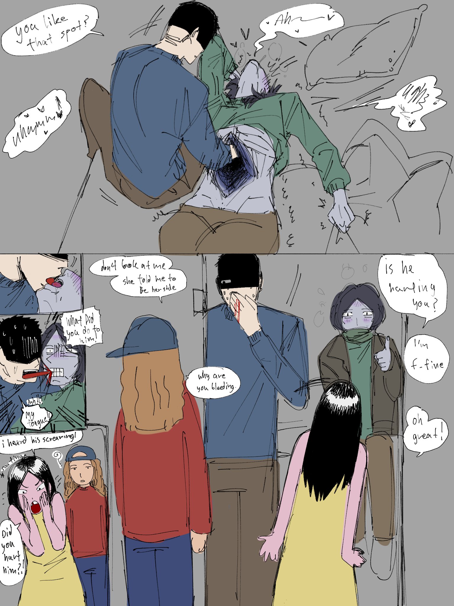 2boys, blood, blue body, blue skin, body horror, caught, caught in the act, coat guy (no, i'm not a human), comic, english text, french kiss, gay, head back, ixnsfw07, kissing, looking pleasured, male, male focus, no, i'm not a human, on back, protagonist (no, i'm not a human), sheet grab, sweat, uncommon stimulation, unusual anatomy, yaoi