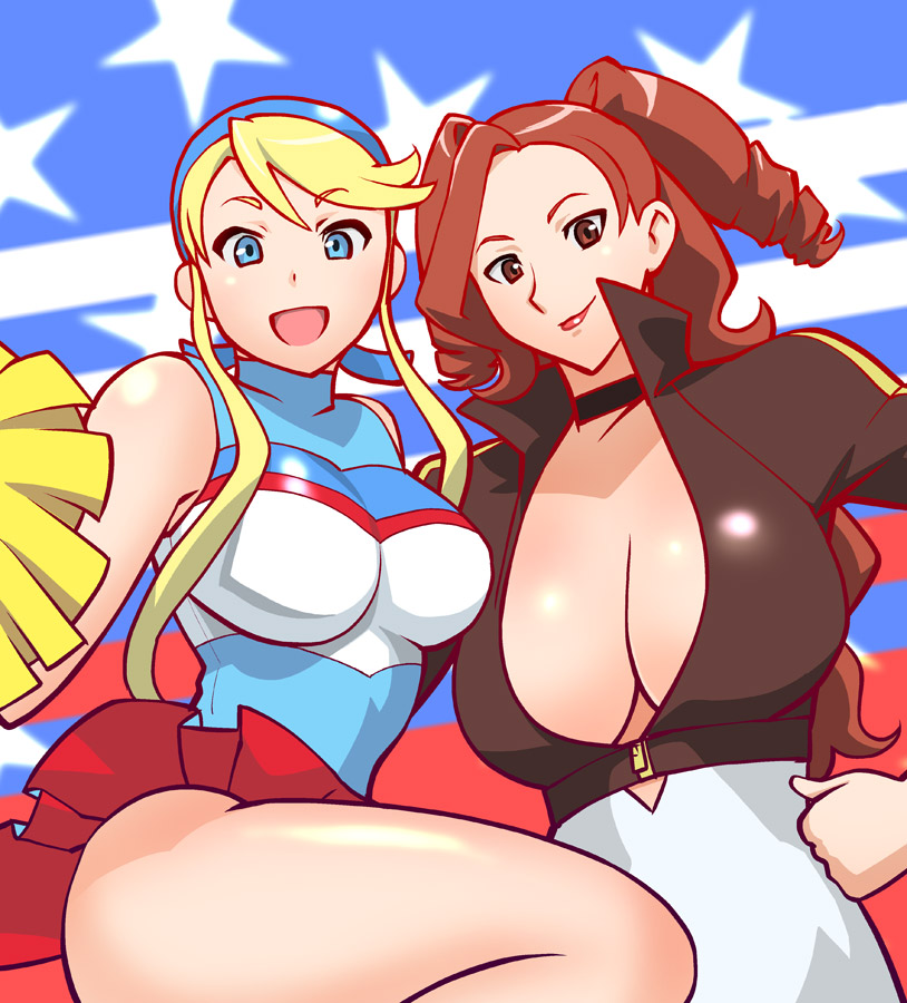 american_flag blonde_hair blue_eyes breasts brown_hair cheerleader choker cleavage drill_hair female female_only hand_on_hip headband heroman hips huge_breasts large_breasts legs lina_davis lips multiple_girls pom_poms skirt tied_hair twintails ueyama_michirou vera_collins