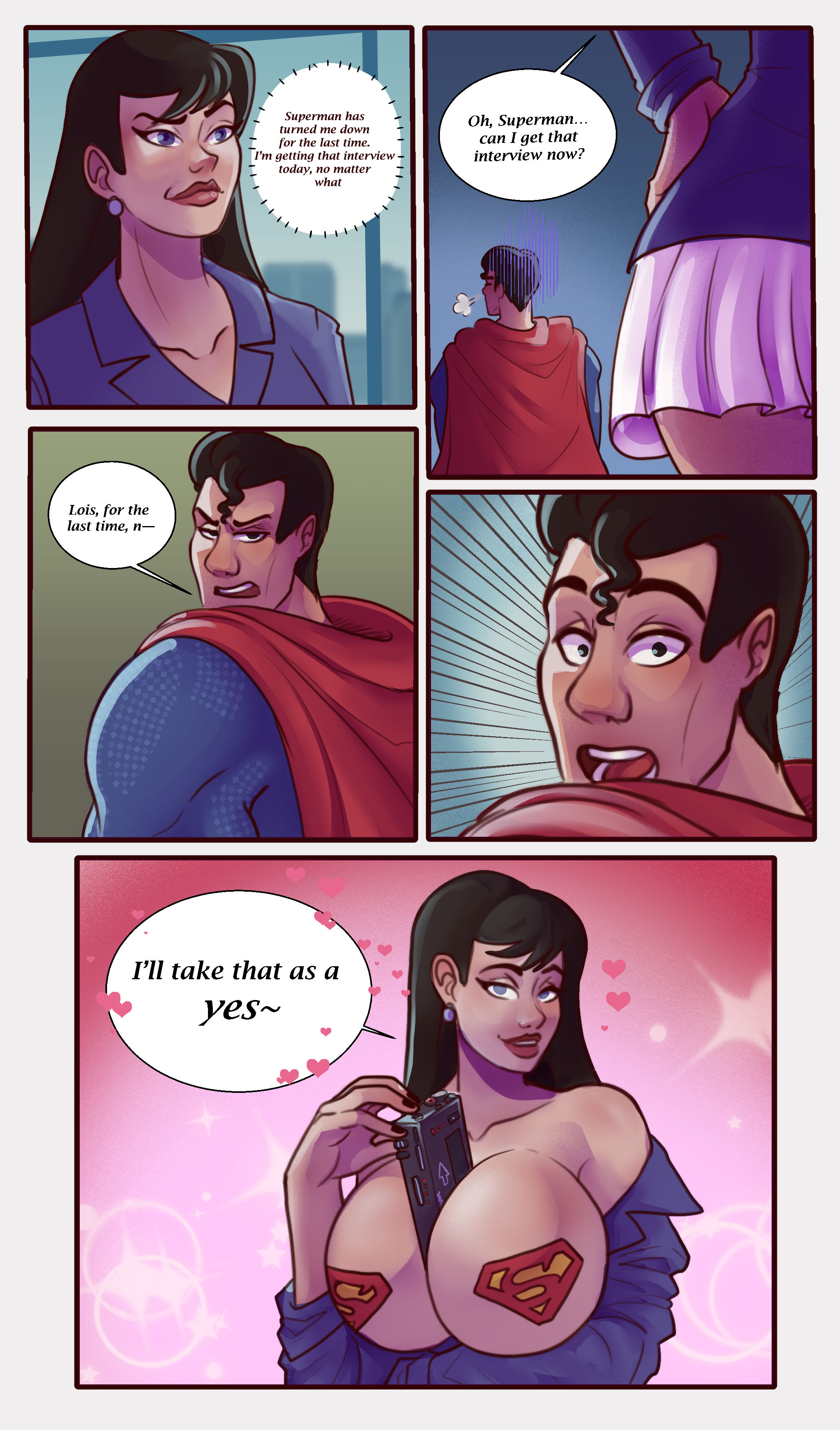 big breasts, black hair, blue eyes, breasts, dc, dc comics, dcau, earrings, english text, female, lois lane, lois lane (dcau), object between breasts, paislynncabell, pasties, seduction, seductive, superman, superman (clark kent), superman (series), superman: the animated series, zstorys22