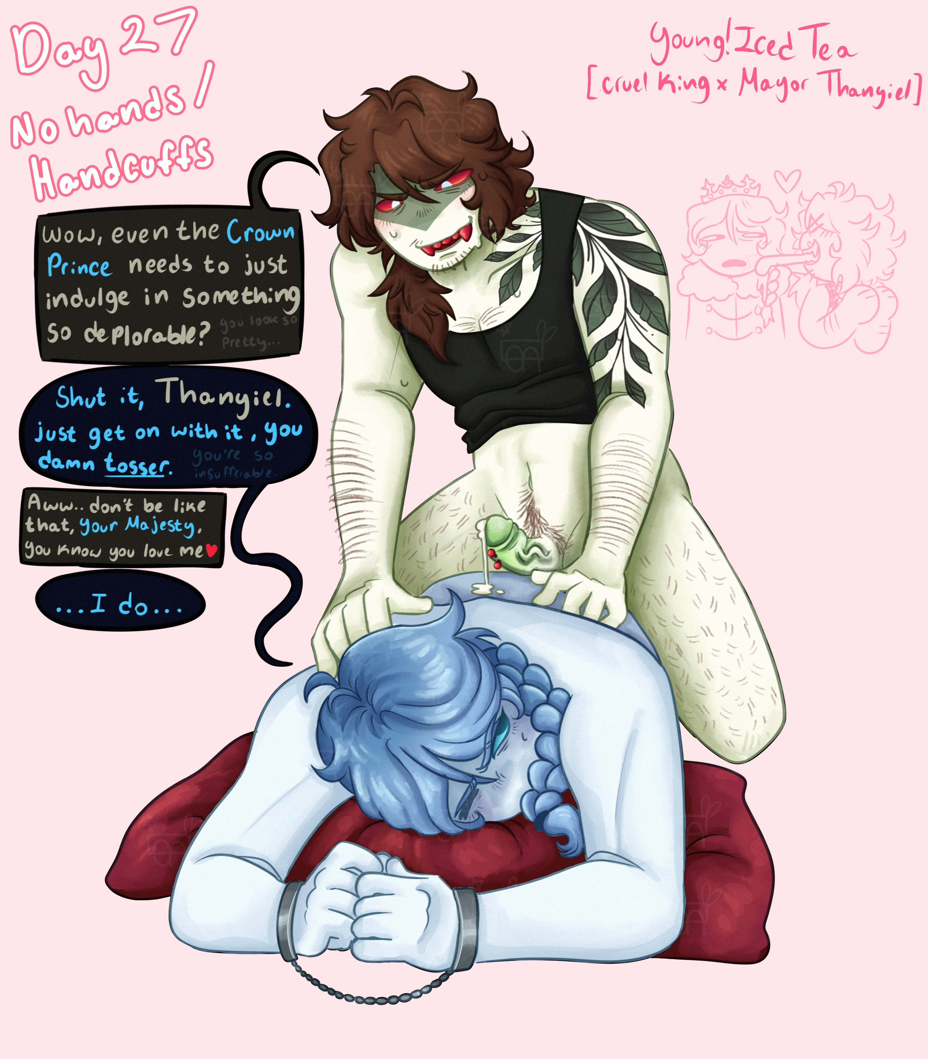 2boys, arm hair, banter, block tales, blue eyes, blue hair, braid, braided hair, british, british male, british slang, brown hair, bunnyolin, cock, cock piercing, cruel king (block tales), cum, cum drip, cum dripping on person, doodle, facial crest, gay, hand on back, hand on shoulder, handcuffed, handcuffs, hands in front, happy trail, imminent sex, kinktober 2025, laying down, laying on stomach, male, male only, mayor thaniyel (block tales), no hands, no penetration, penis, red eyes, red piercing, red pillow, red teeth, roblox, roblox game, robloxian, self upload, sleeper build, speech, speech bubble, tagme, talking, talking to another, tattoo, tattoo on arm, tattooed arm, teasing, text, text bubble, watermark