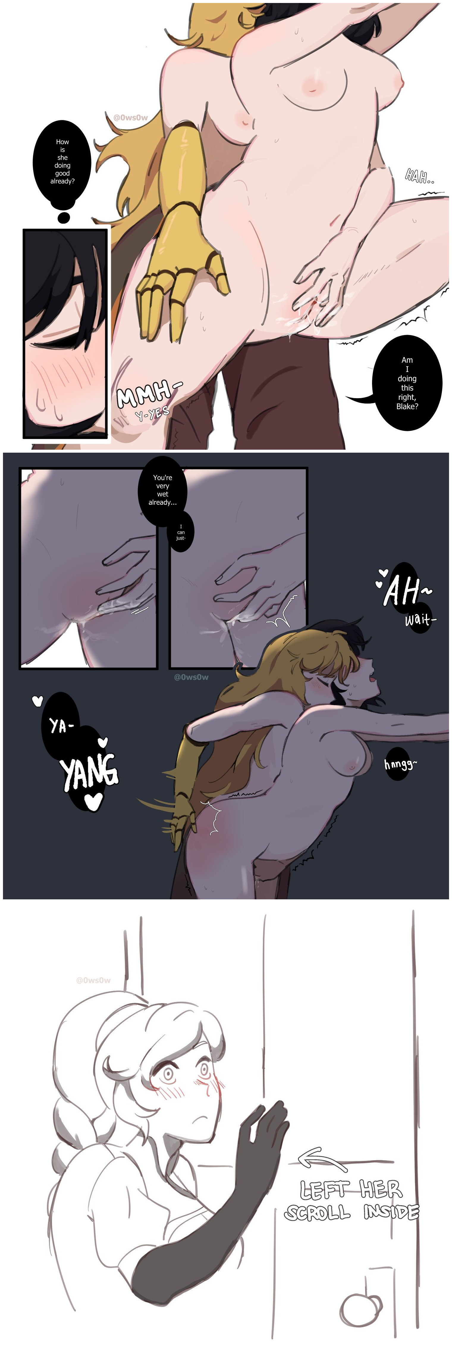 0ws0w, 2girls, 3girls, ass slap, black hair, blake belladonna, blonde hair, blush, breasts, canon couple, elbow gloves, female, female only, female/female, fingering, fingering partner, fingering pussy, gloves, lesbian couple, lesbian sex, long gloves, multiple females, multiple girls, nude, nude female, pussy, rwby, shaved pussy, slapping butt, spanking, weiss schnee, white hair, yang xiao long, yuri