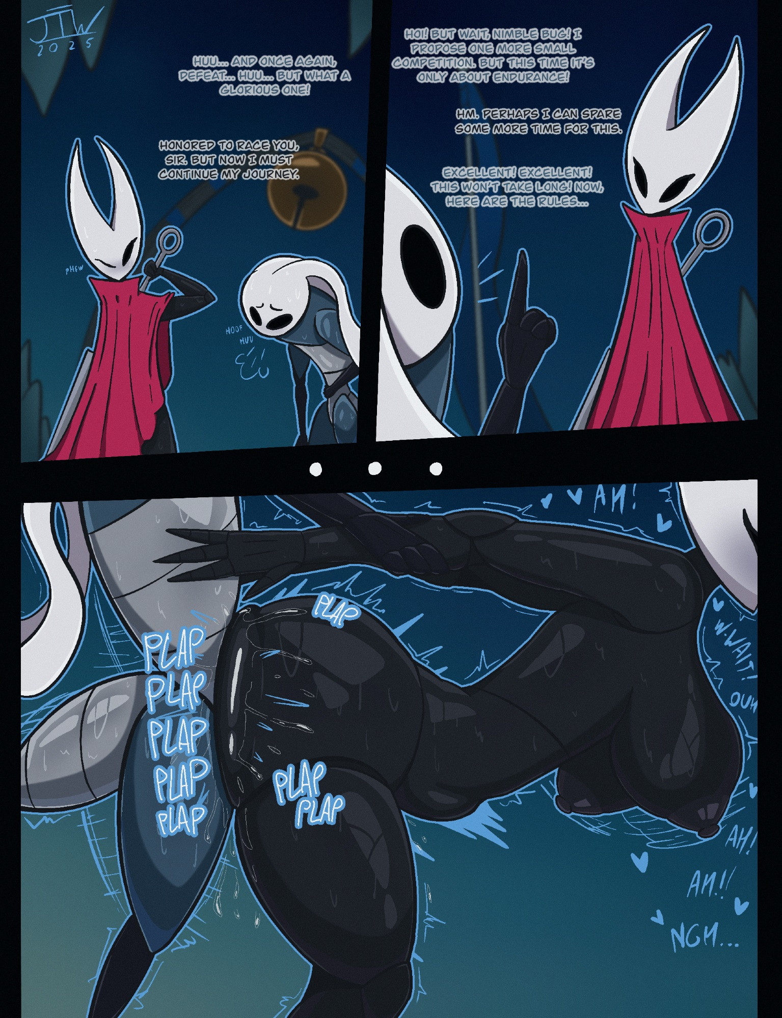 1boy, 1girls, 2025, ass, big ass, big breasts, black body, blue body, breasts, cloak, comic, deep penetration, dialogue, doggy style, female, heart, hi res, hollow knight, hollow knight: silksong, hornet (hollow knight), horns, instant loss 2koma, jtw (artist), male, male/female, red clothing, sex, silksong, sprintmaster swift, stomach bulge, sweat, thick thighs, thighs