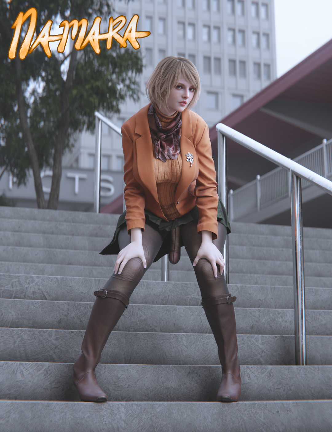 3d, animal genitalia, ashley graham, exhibitionism, futanari, intersex, namara, nylons, pantyhose, public, resident evil, solo futa, tights, upskirt