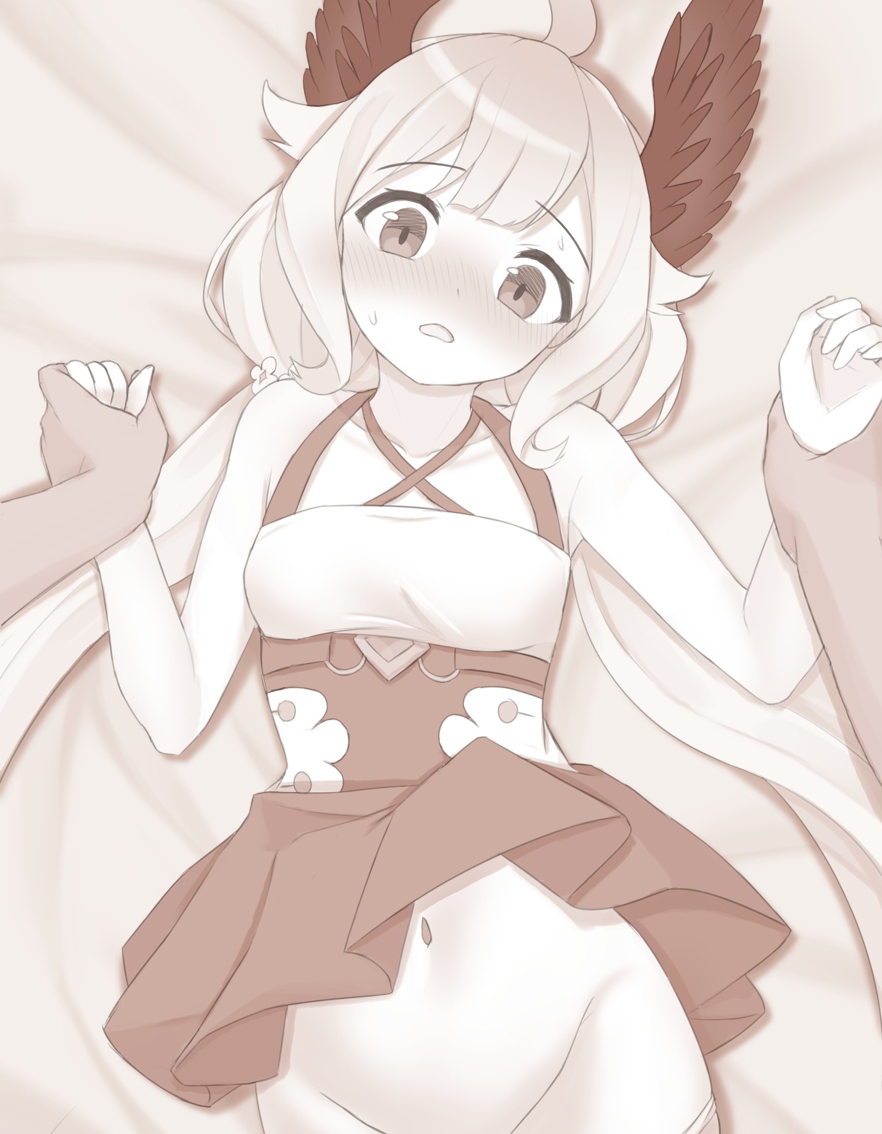 ahoge, arm grab, arms above head, arms up, belly button, bottomless, dress, enna alouette, exposed shoulders, grabbing hand, grabbing wrists, hair wings, head wings, held down, holding hands, holding wrists, missionary position, monochrome, navel, nijisanji, nijisanji en, no panties, on back, pinned down, restrained, sleepypudding, tagme, twintails, virtual youtuber, wrist grab, young