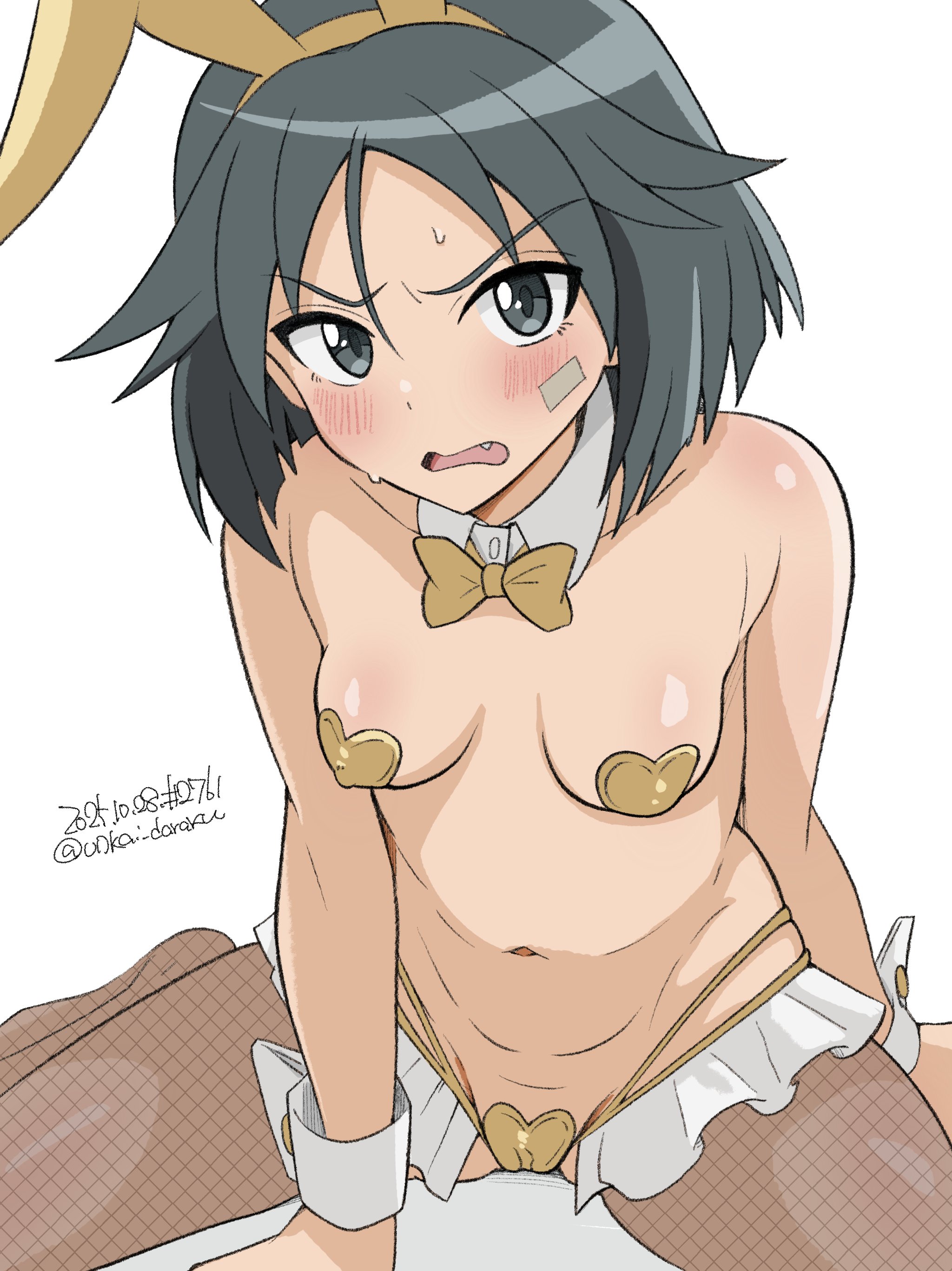1girls, bandaid on face, brave witches, bunny ears, bunnysuit, cameltoe, cute fang, detached collar, exhibitionism, exhibitionist, female, female only, fishnets, gold maebari, gold pasties, heart pasties, kanno naoe, lingerie, lingerie only, maebari, medium breasts, nipple bulge, pasties, short hair, sitting, small breasts, solo, strike witches, unkai daraku, world witches series