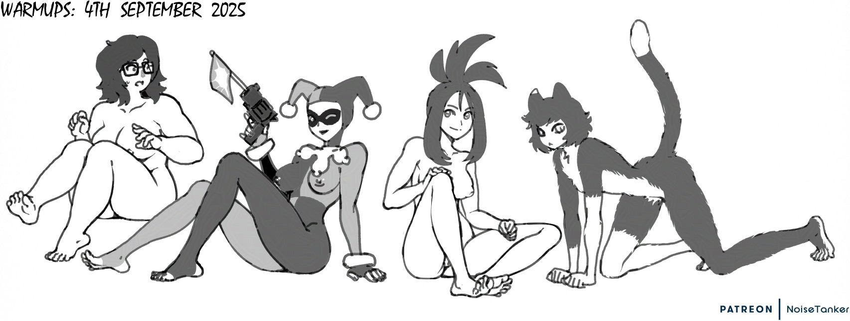 2d, 4girls, ass, barefoot, batman (series), breasts, chubby, crossover, dc, dc comics, dendra (pokemon), dungeon meshi, feet, female, female only, harley quinn, harley quinn (classic), izutsumi, mei (overwatch), monochrome, multiple girls, noisetanker, nude, overwatch, painted clothes, pokemon, pussy, stirrup legwear, tagme