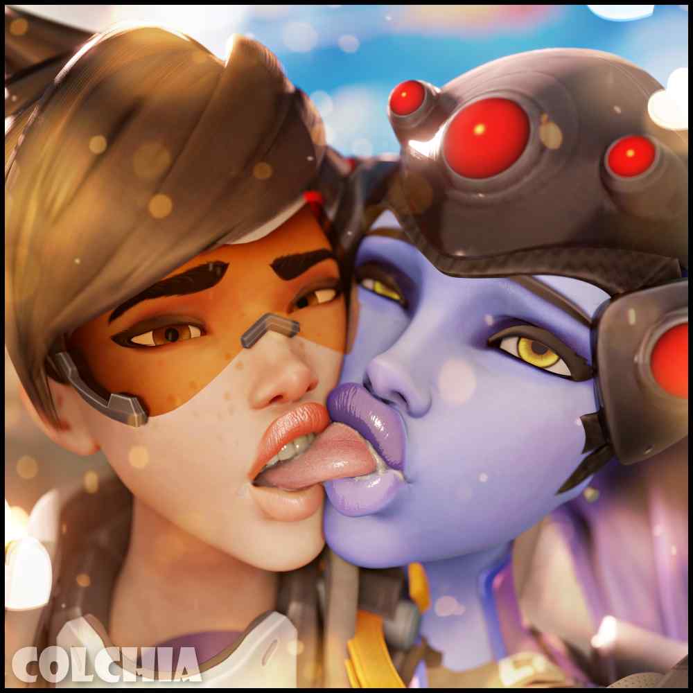 2girls, artist name, bimbo, bimbo lips, brown eyes, colchia, female, female only, kissing, looking at viewer, overwatch, overwatch 2, plump lips, purple body, purple skin, tinted eyewear, tongue, tongue in mouth, tongue kiss, tongue out, tracer, tracer (overwatch 2 suit), visor, visor (eyewear), visor glasses, widowmaker, yellow eyes, yuri