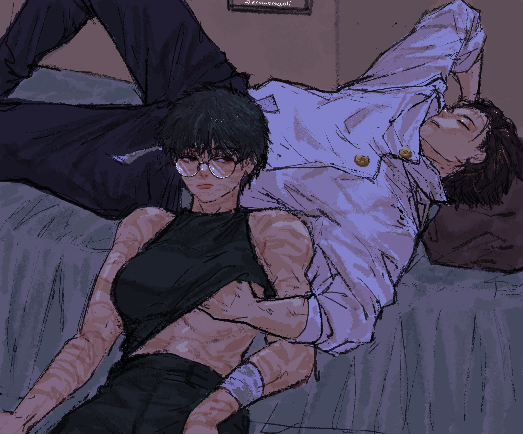 1boy, 1girls, black hair, black-haired male, breasts, female, fully clothed, glasses, green hair, green-haired female, groping, groping breasts, jujutsu kaisen, scars all over, yuta okkotsu, zenin maki