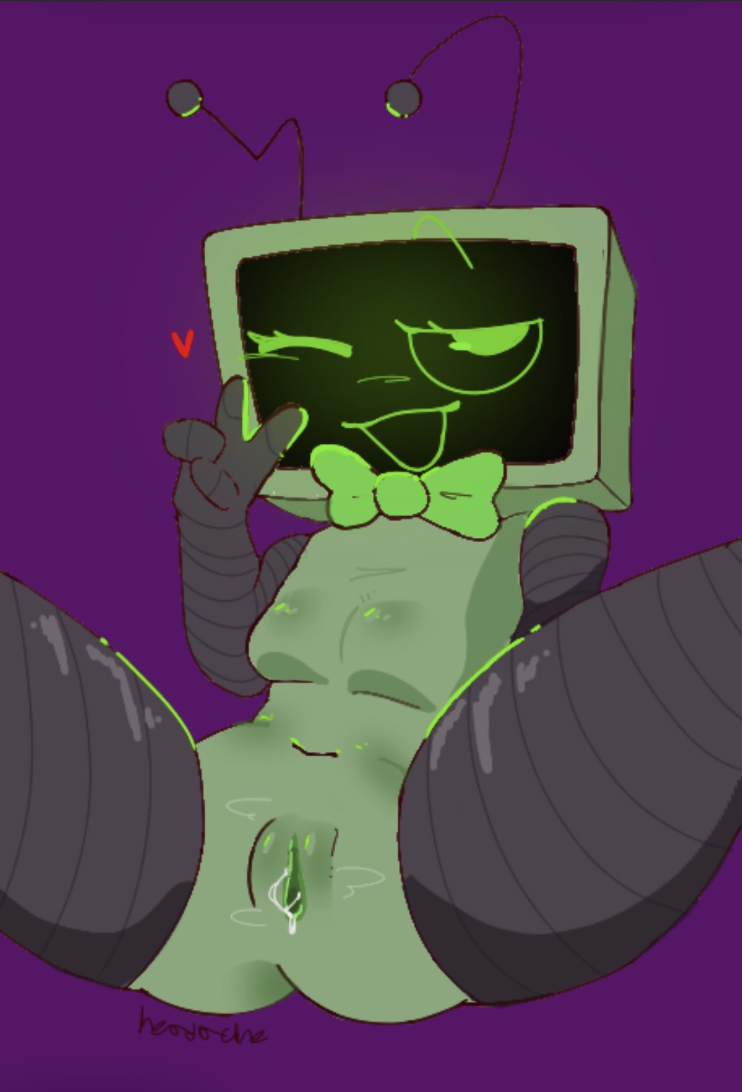 1girls, antennae, ass, big thighs, blushcrunch studio, bodily fluids, bottomless, bow, bowtie, breasts, dandy's world, female, green body, green skin, head ache, heart, l, large thighs, legs, legs apart, legs spread, looking at viewer, object head, open legs, open mouth, peace sign, peace symbol, plain background, purple background, pussy, pussy focus, pussy juice, pussy juice drip, pussy lips, raised eyebrows, roblox, robot, robot girl, robot humanoid, robot joints, self upload, small breasts, smile, smiling, smiling at viewer, solo, solo female, spread legs, spreading, steam, steamy, thick thighs, tv head, tv screen, vagina, vaginal fluids, vaginal juices, vee (dandy's world), watermark, wet, wink, winking at viewer