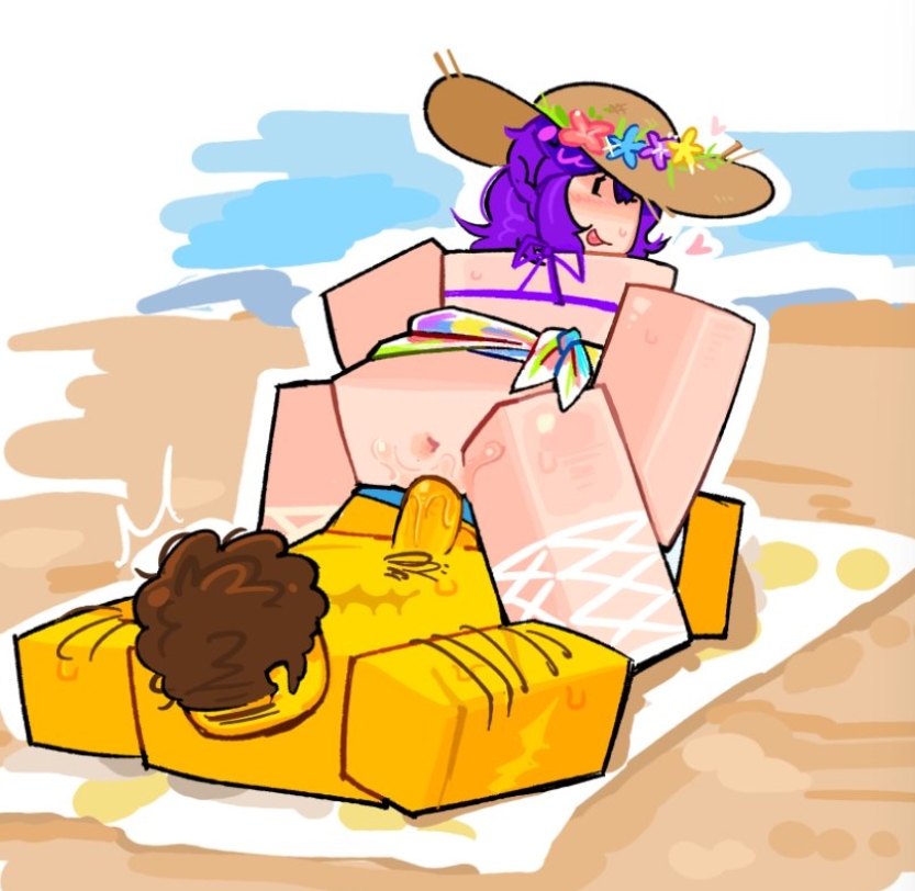 1boy, 1girls, anus, ass, beach, blocky body, brighteyes, brown hair, couple, female, male, outdoors, penis, purple hair, pussy, pussy juice, roblox, roblox admins, robloxian, shedletsky, tagme, vaginal penetration, whitetea2007