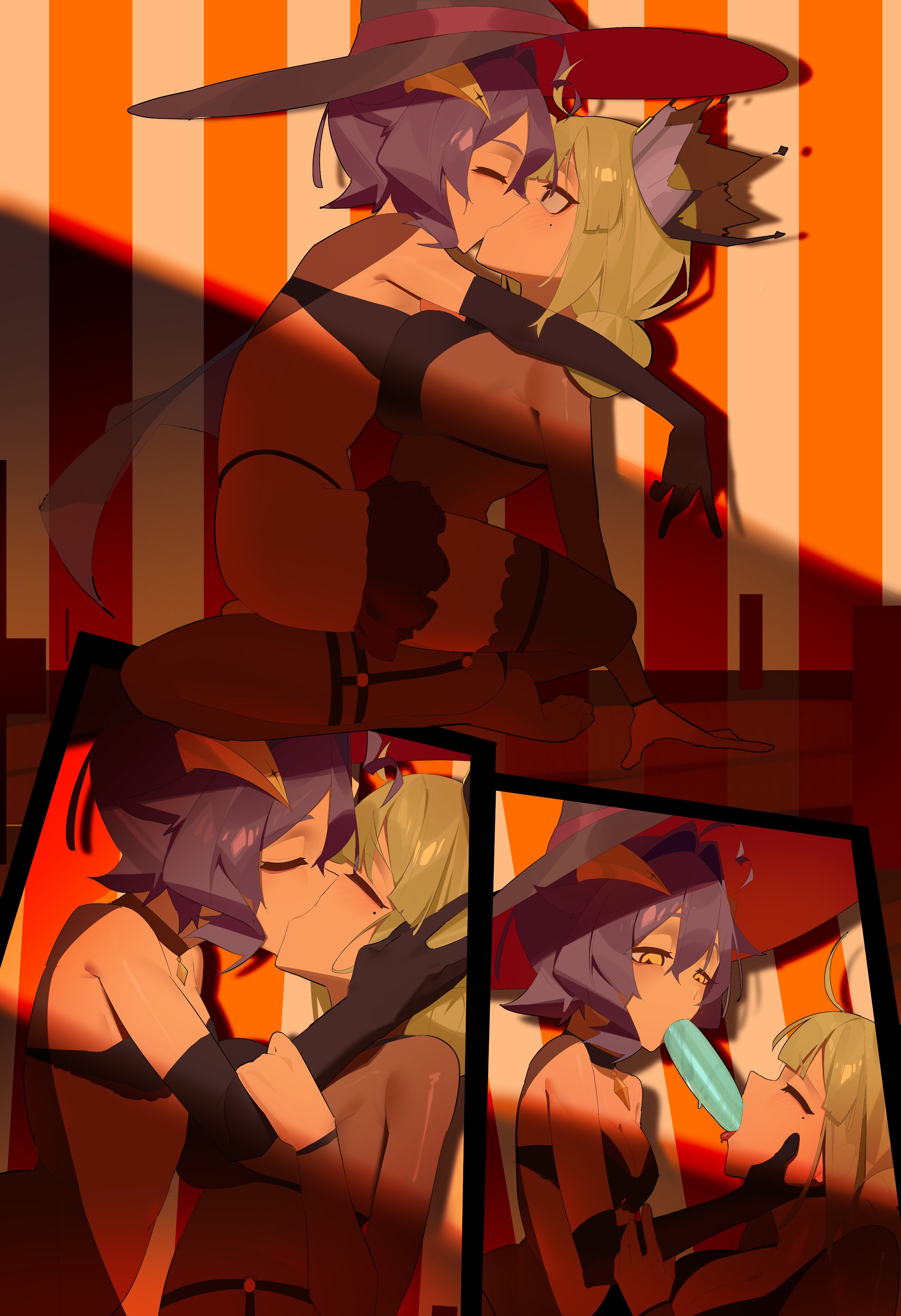 2girls, araga kiwi, bikini, black hair, closed eyes, crown, dark magical girl, female, female only, green hair, hakhpu, halloween, hiiragi utena, kissing, leopard (mahou shoujo ni akogarete), leoparde (mahou shoujo ni akogarete), light skin, light-skinned female, magia baiser, magical girl, mahou shoujo ni akogarete, short hair, witch, witch hat, yellow eyes, yuri