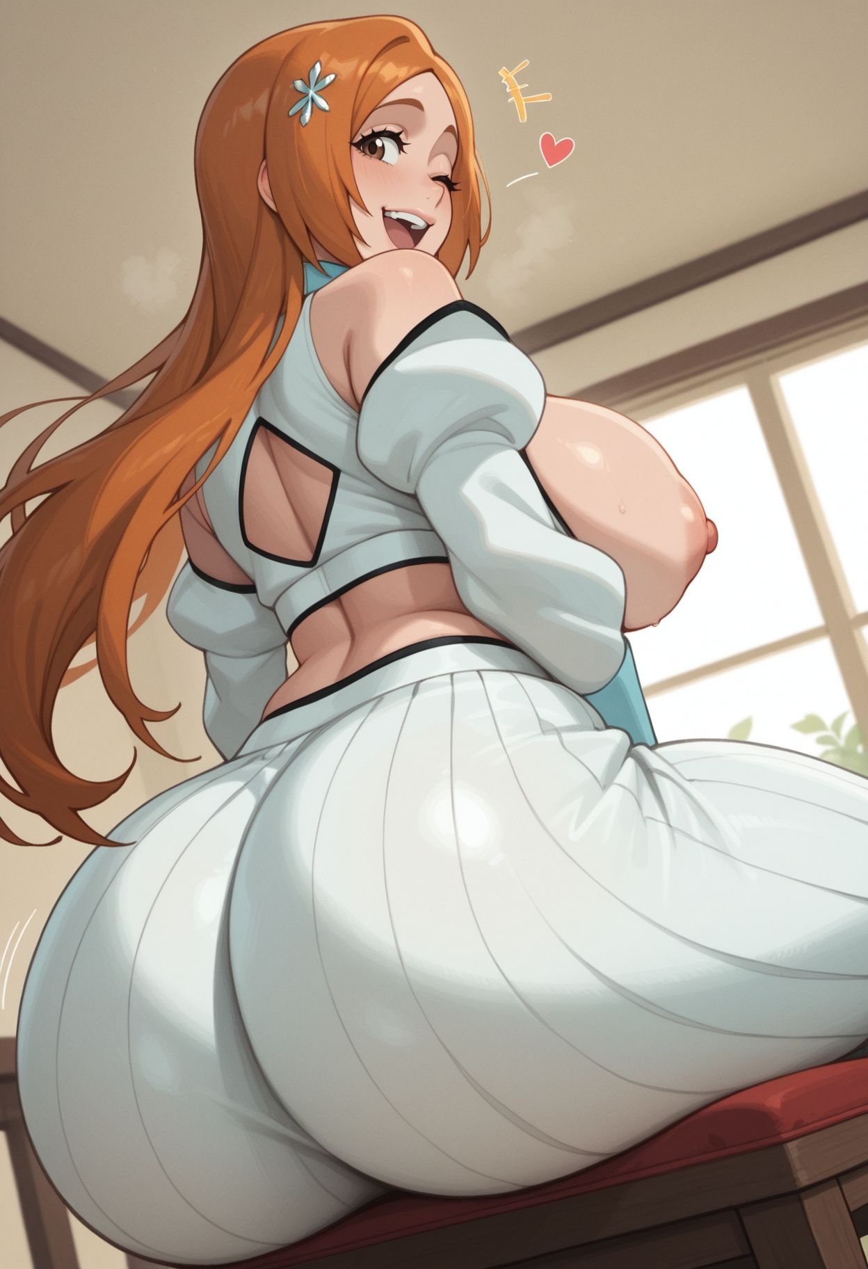 ;d, ai generated, ass, bare shoulders, bleach, blush, breasts, breasts out, brown eyes, clothing cutout, cute, detached sleeves, female, female only, from behind, hair ornament, heart, huge ass, huge breasts, indoors, inoue orihime, juswa, large ass, large breasts, long hair, long sleeves, looking at viewer, looking back, nipples, one eye closed, open mouth, orange hair, pants, puffy sleeves, sitting, smile, solo, sweat, teeth, thicc, thick thighs, thighs, upper teeth only, white pants, window