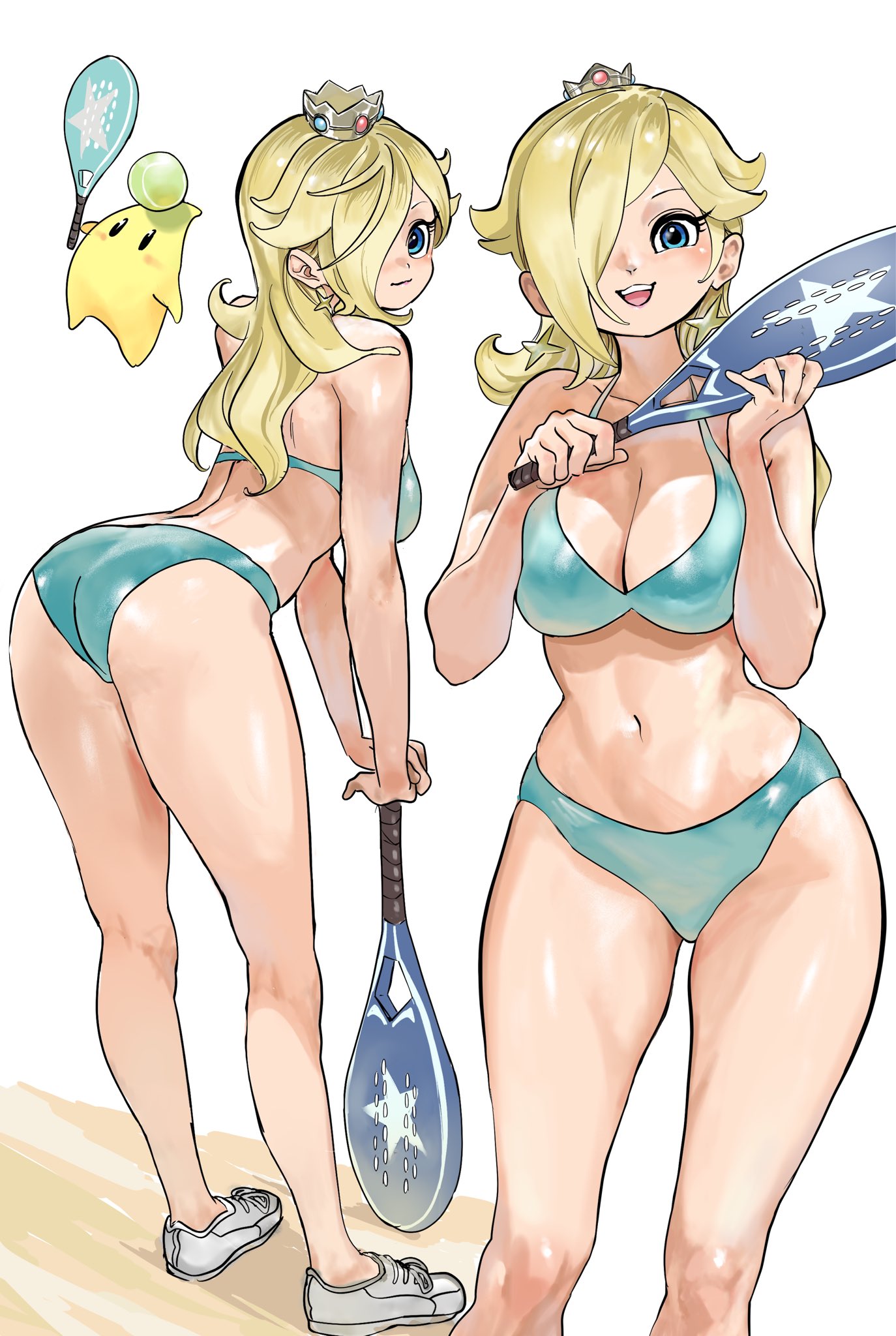 1girl, 1girls, alternate breast size (larger), ass, ball, bare shoulders, behind view, bikini, blonde hair, blue bikini, blue eyes, blush, breasts, cleavage, closed mouth, collarbone, crown, earrings, female, female only, from behind, grey crown, hair over one eye, highres, holding, holding tennis racket, jewelry, large breasts, leaning forward, light skin, light-skinned female, long hair, looking at viewer, luma, mario (series), mario tennis, navel, nintendo, open mouth, princess rosalina, racket, rosalina, shoes, silver crown, smile, sneakers, solo, solo female, star (symbol), star earrings, stomach, sukoyaka tsukasa, swimsuit, teeth, tennis ball, tennis racket, upper teeth only