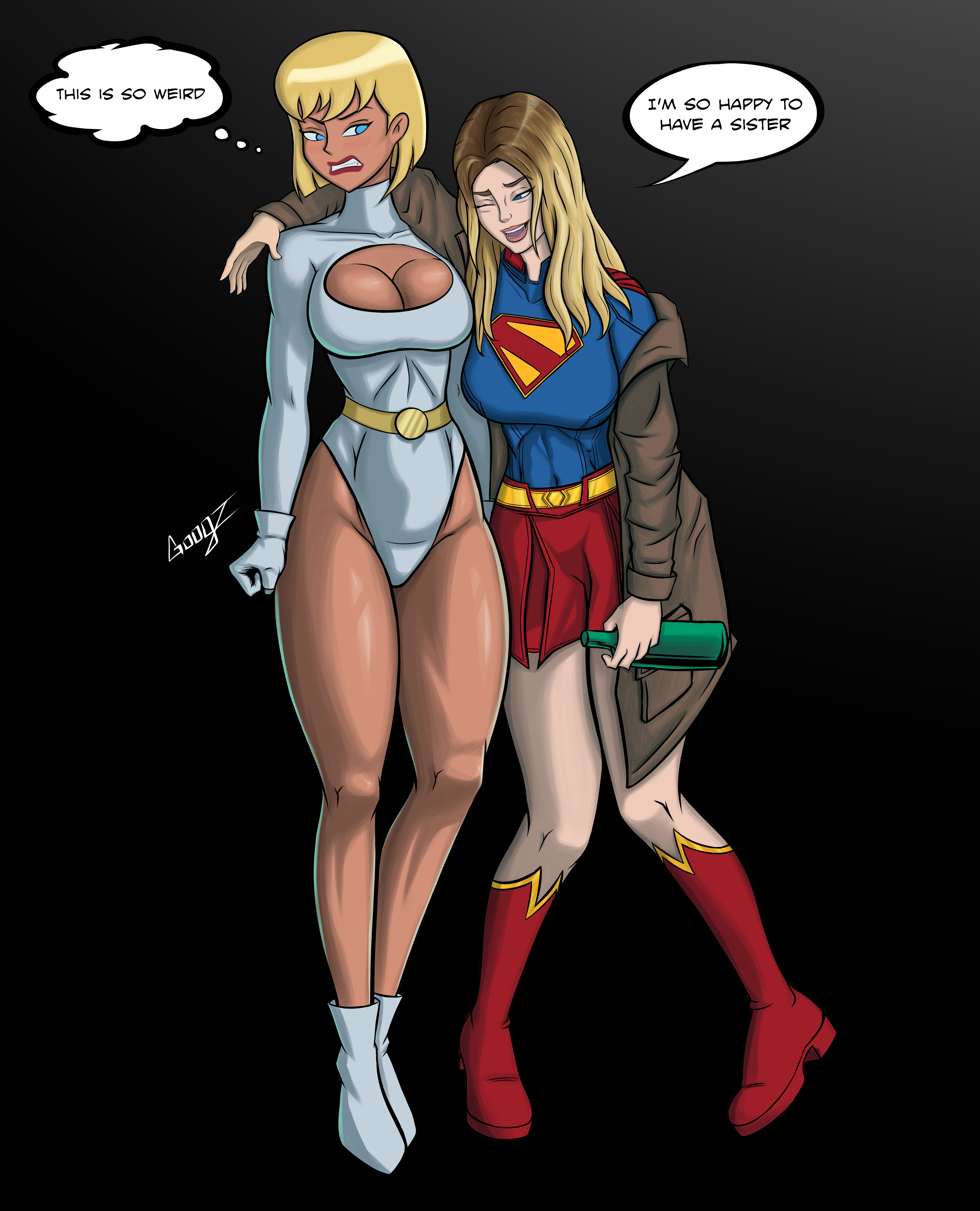 2girls, alternate self, angry, annoyed, annoyed expression, arm around shoulders, beer bottle, belt, big breasts, blonde hair, blue eyes, bobcut, bottle, breasts, busty, cleavage, cleavage cutout, cleavage window, clenched fist, clothing cutout, coat, dc, dc comics, dcau, dcu, drunk, english text, female, female only, galatea, googz, happy, inebriated, justice league unlimited, kara zor-el, large breasts, leotard, long hair, miniskirt, multiple females, multiple girls, multiverse, one eye closed, one eye open, scowling, skirt, source request, square crossover, supergirl, supergirl (dcu), superheroine, superman (2025), superman (series), text, white outfit
