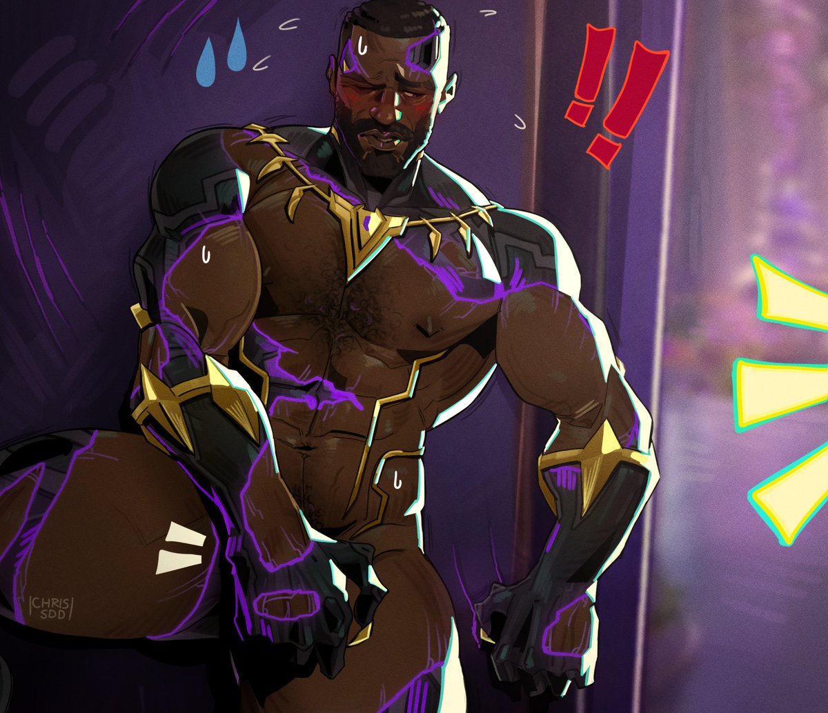 !, !!, bara, black panther (marvel rivals), black panther (marvel), chris sdd, dark skin, dark-skinned male, hiding, male, male only, marvel, marvel comics, marvel rivals, muscular, muscular male, solo, t'challa, yaoi