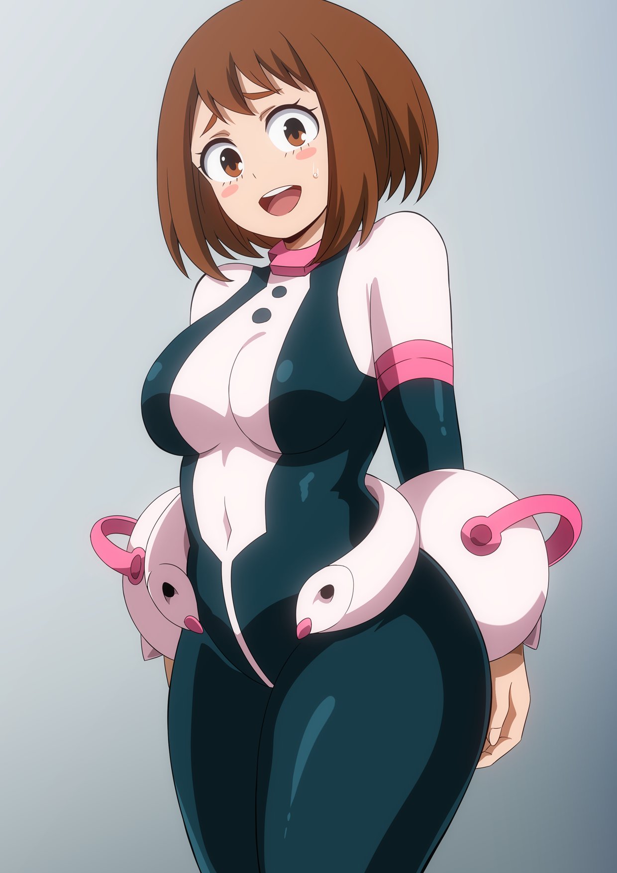 1girls, bodysuit, boku no hero academia, breasts, brown eyes, brown hair, brown-haired female, female, hair between eyes, hara (harayutaka), large breasts, light-skinned female, looking at viewer, medium hair, my hero academia, ochako uraraka, ochako uraraka (hero outfit), open mouth, slim waist, superheroine, teenage female, teenager, thick thighs, thighhighs, thighs