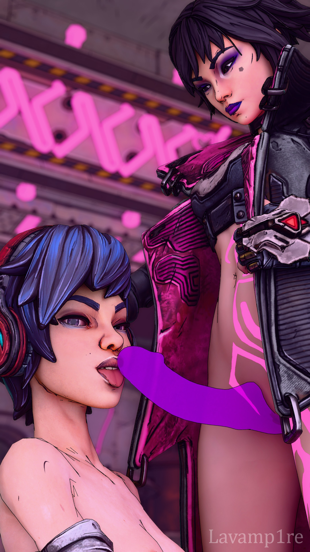 2girls, 3d, ava (borderlands), blender, body markings, borderlands, borderlands 3, borderlands 4, breasts, female, female only, lavamp1re, purple eyeshadow, purple lips, pussy, siren (borderlands), siren markings, tattoo, vex (borderlands), yuri