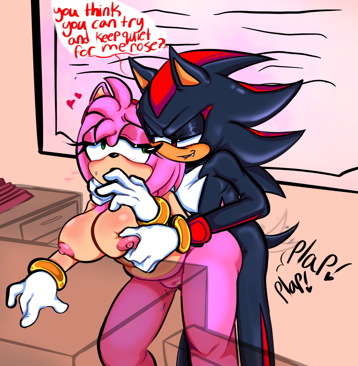 1boy, 1girls, 2025, 2d, 97b0n3rz, amy rose, anthro, anthro on anthro, artist upload, background, behind another, big breasts, big thighs, biting own lip, black fur, black nose, blush, blush lines, bracelets, breast pinch, breasts, chest fur, choking, chubby, chubby anthro, chubby female, counter, digital drawing (artwork), duo, eulipotyphlan, eyelashes, female, female penetrated, gloves, gold bracelets, grabbing breasts, grabbing from behind, green eyes, hairband, half lidded eyes, handwear, heart, hedgehog, hedgehog boy, hedgehog girl, light skin, light-skinned female, looking at each other, looking at partner, male, male penetrating, male penetrating female, male/female, mobian (species), mobian hedgehog, pink fur, pink nipples, pussy, red eyes, red hairband, red stripes, sega, self upload, sex from behind, shadow the hedgehog, sonic (series), sonic the hedgehog (series), speech bubble, standing doggy style, straight, straight sex, tail, tan-skinned male, text, three-tone fur, two-tone fur, vaginal penetration, vaginal sex, wagging tail, white gloves
