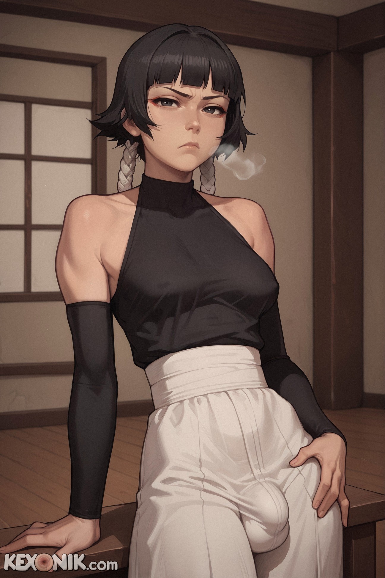 1futa, ai generated, annoyed, ass focus, ass grab, balls, bangs, big nipples, black eyes, black hair, bleach, bored, breasts, bulge, close-up, clothed, covered breasts, covered nipples, dickgirl, futa only, futanari, heavy breathing, huge, huge ass, intersex, kexonik, looking at viewer, medium breasts, narrow waist, narrowed eyes, on stomach, petite, petite body, revealing clothes, sagging breasts, scrotum, short hair, short hair with long locks, skinny, slim, soifon, solo, squishing, sui-feng, toned